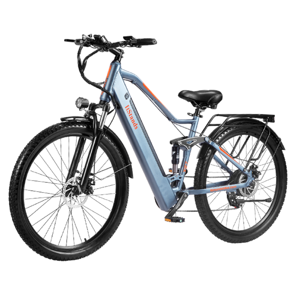 Una mountain bike elettrica blu chiaro con pneumatici neri e accenti arancioni.