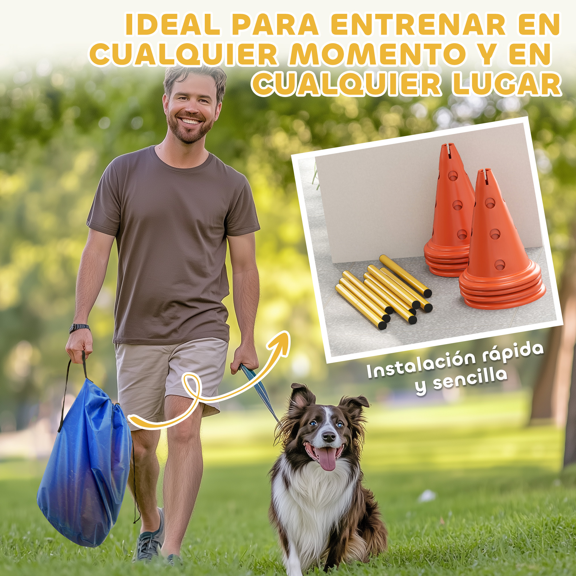 Hombre con perro en parque, lleva bolsa azul. Conos naranjas y postes dorados en recuadro.