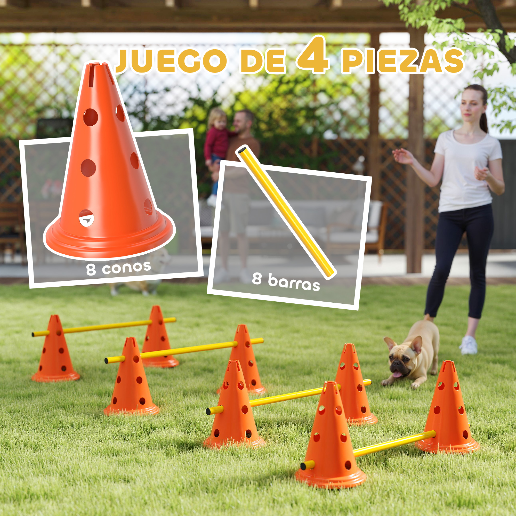 Un perro juega con conos y barras en un césped verde.