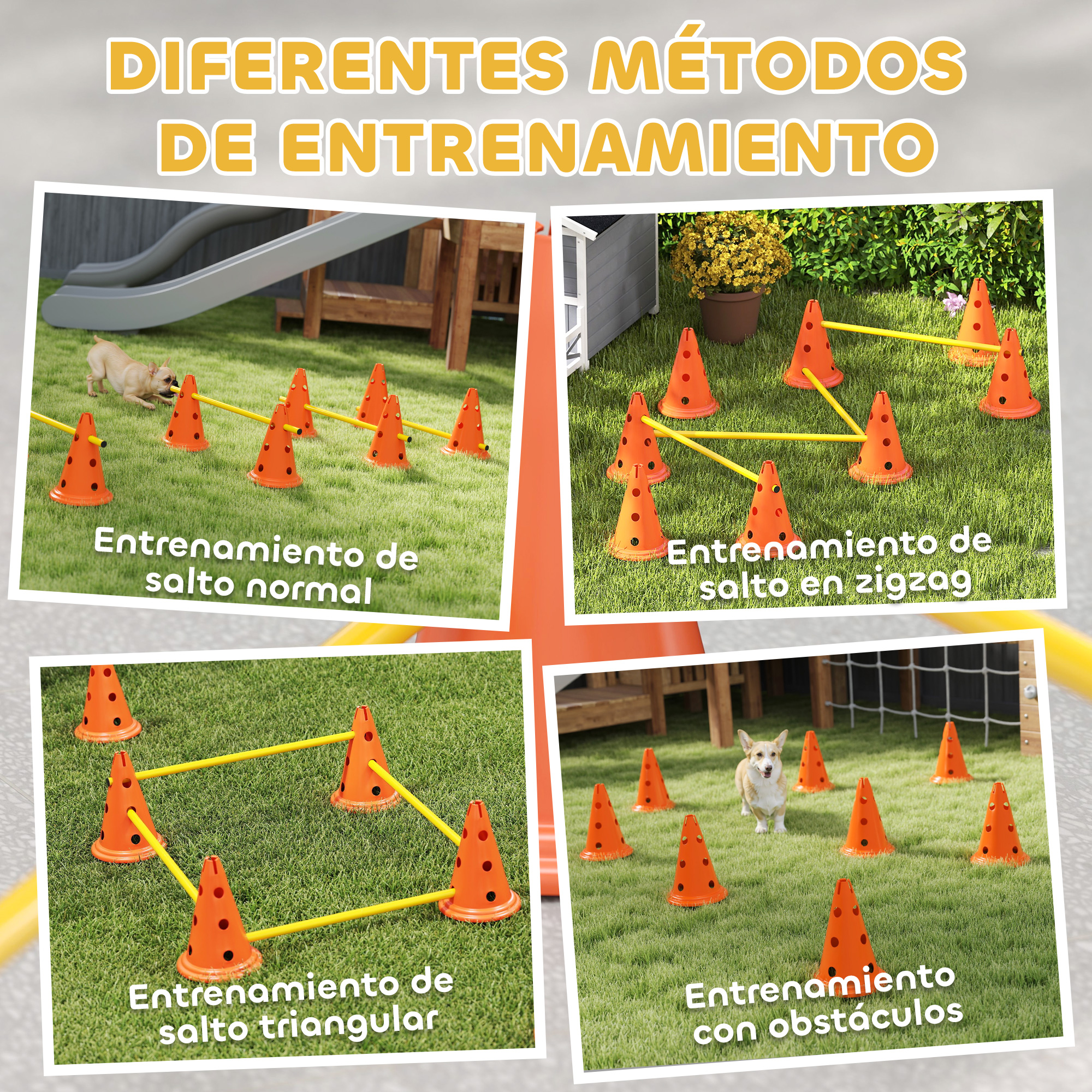 Cuatro recorridos de entrenamiento para perros con conos naranjas y postes amarillos.