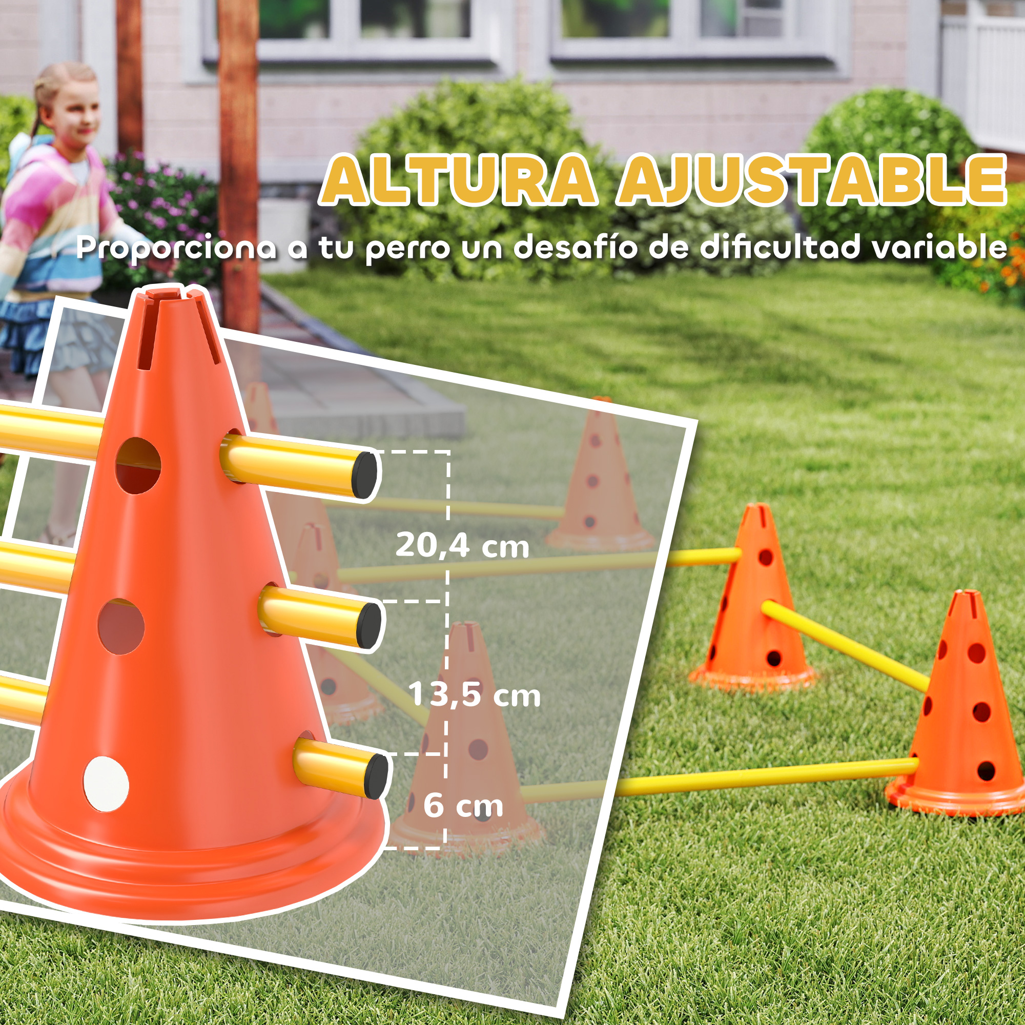 Obstáculos de agilidad para perros con altura ajustable en césped.