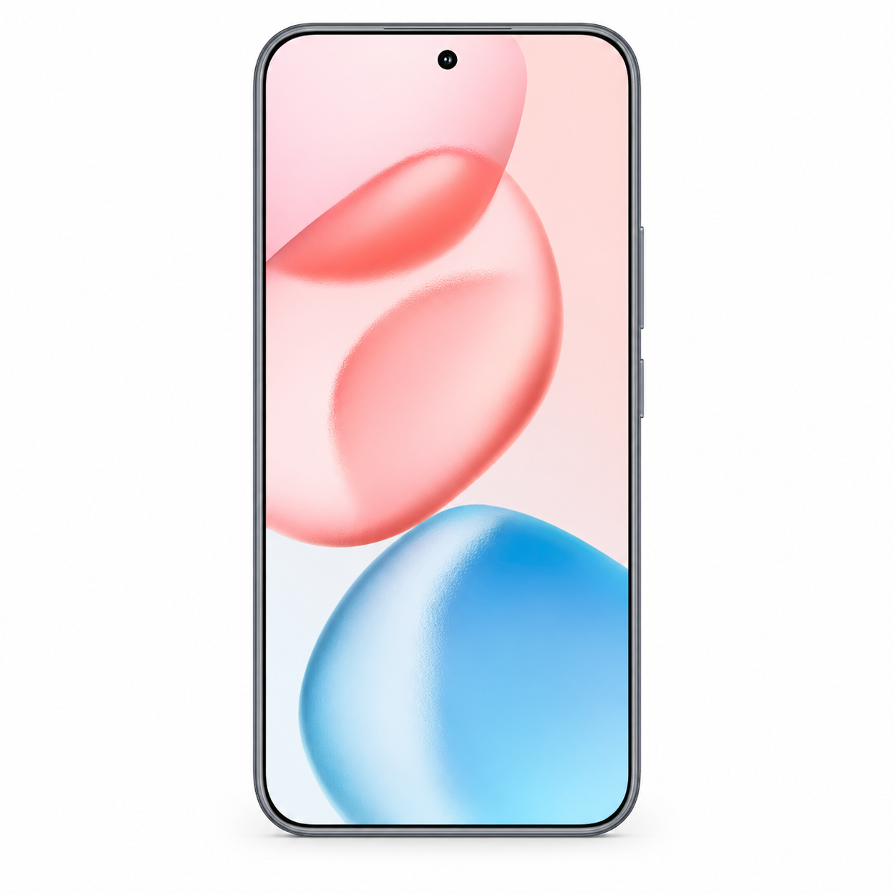 Uno smartphone elegante con cornice grigia e sfondo astratto colorato.