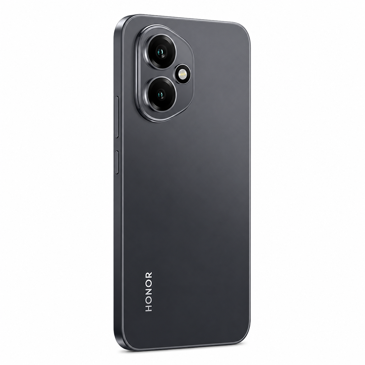 Smartphone grigio scuro con doppia fotocamera e flash sul retro.