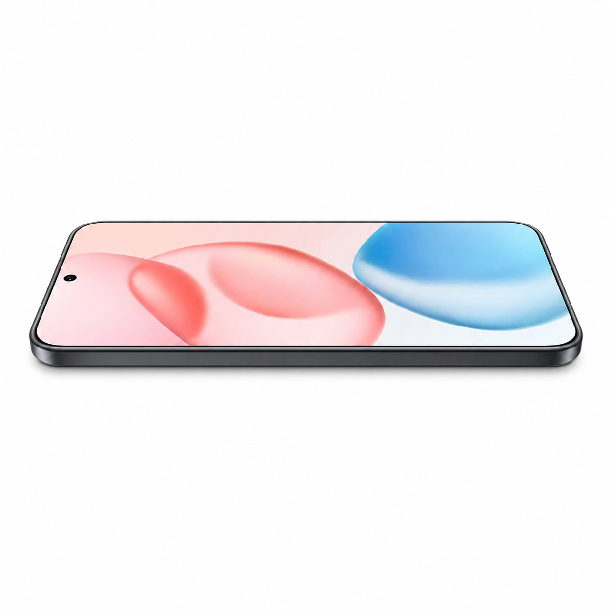 Uno smartphone nero giace piatto con uno sfondo astratto di bolle rosa e blu.
