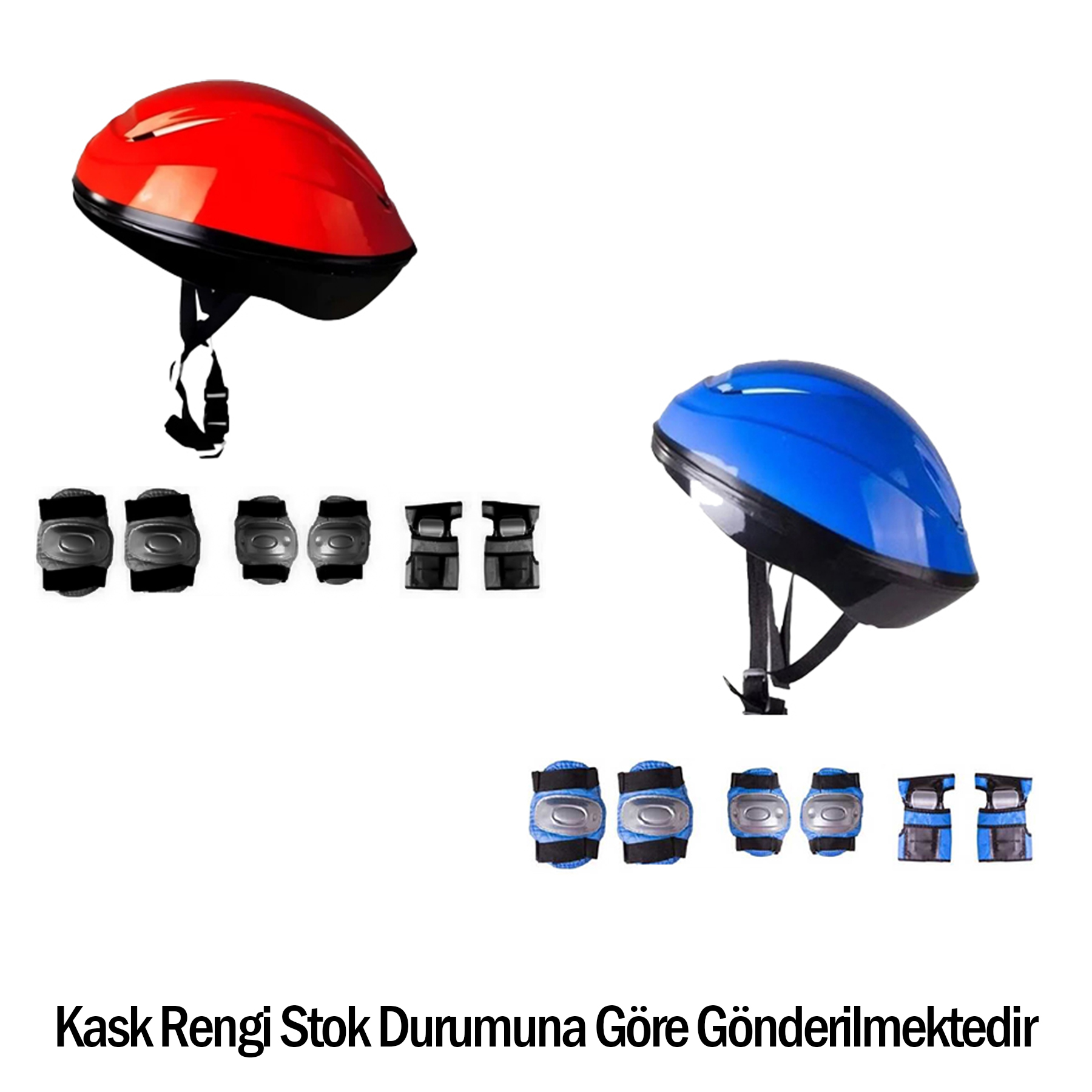 İki kask, kırmızı ve mavi, koruyucu ekipmanla.