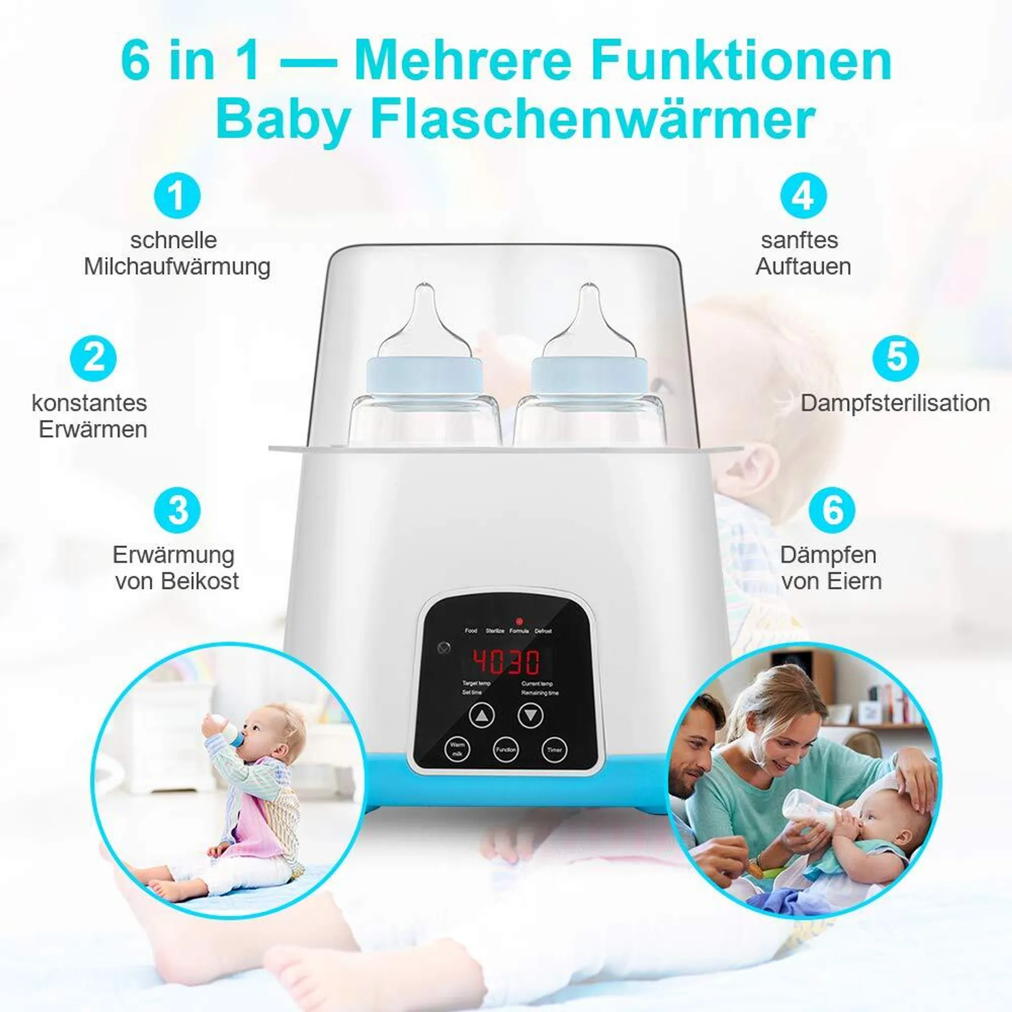 Ein Babyflaschenwärmer mit 6 Funktionen: Flaschen erwärmen, auftauen, sterilisieren.