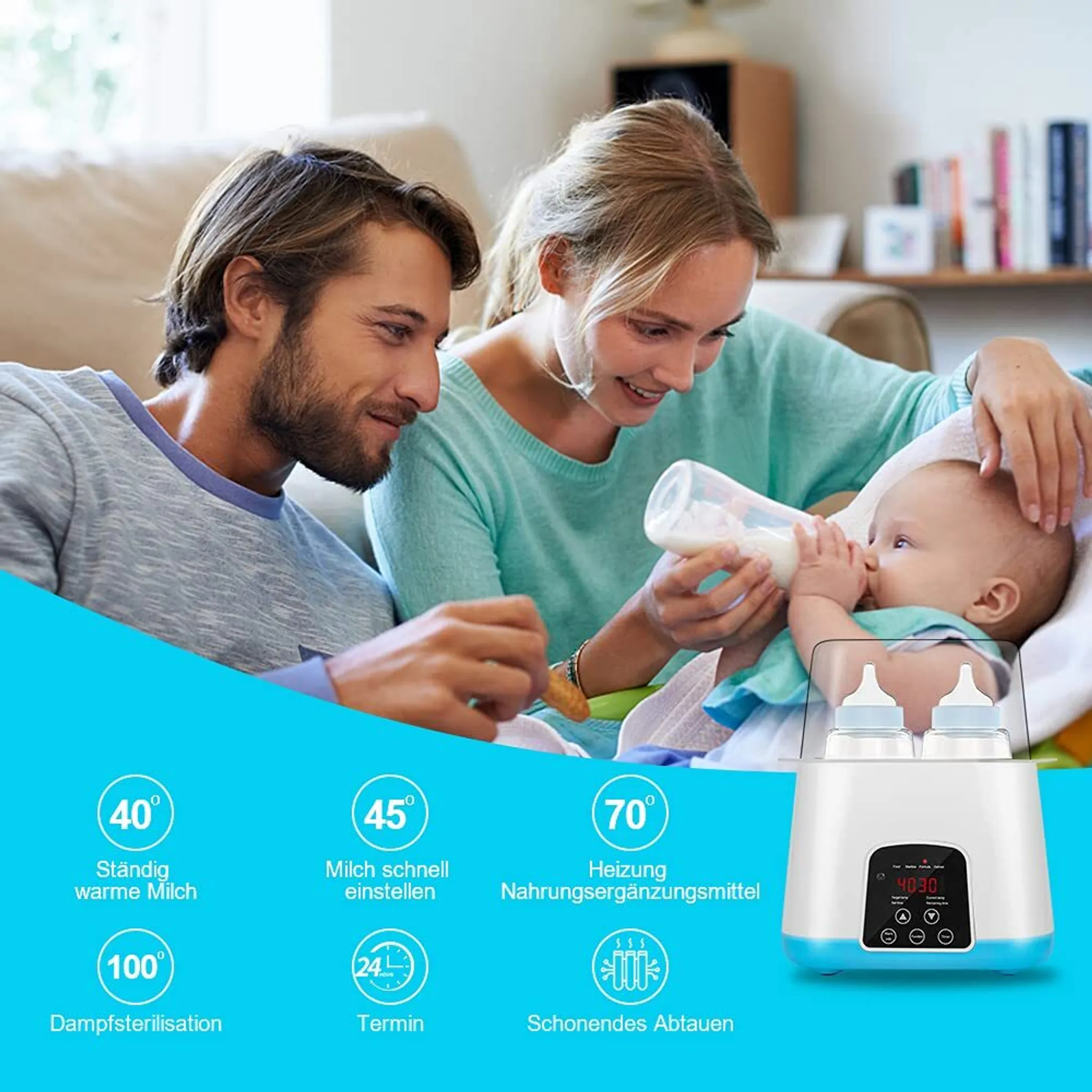 Eltern füttern Baby mit Fläschchen, Babykostwärmer daneben. Icons zeigen Funktionen.