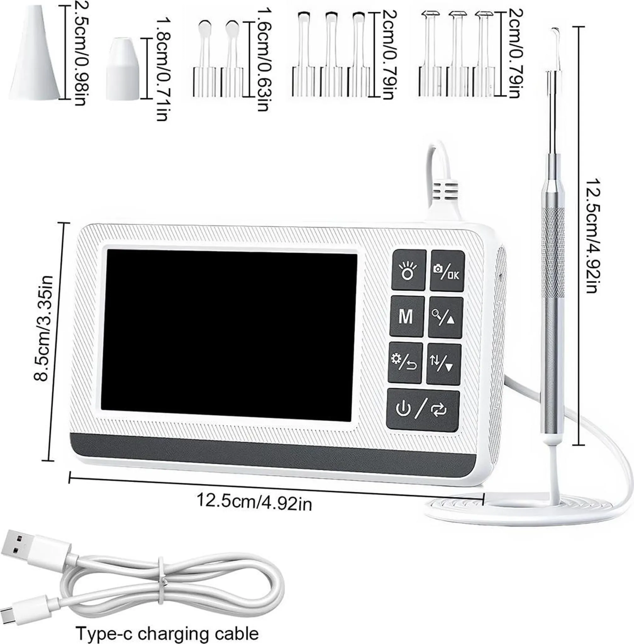 Digitales Ohrscope mit Bildschirm, verschiedenen Spitzen und Ladekabel.
