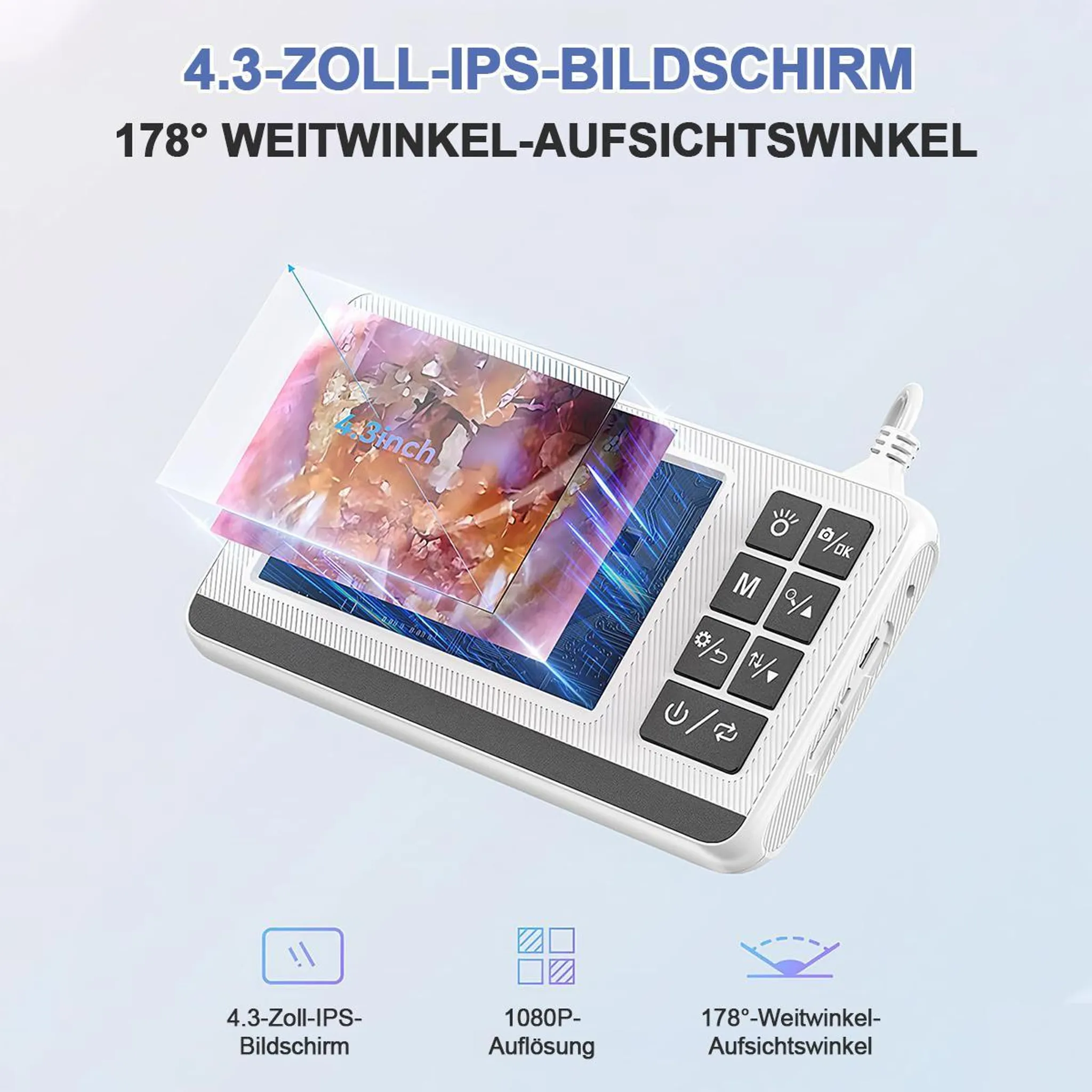 Ein weißes Gerät mit einem 4,3-Zoll-IPS-Bildschirm, der ein Bild zeigt.