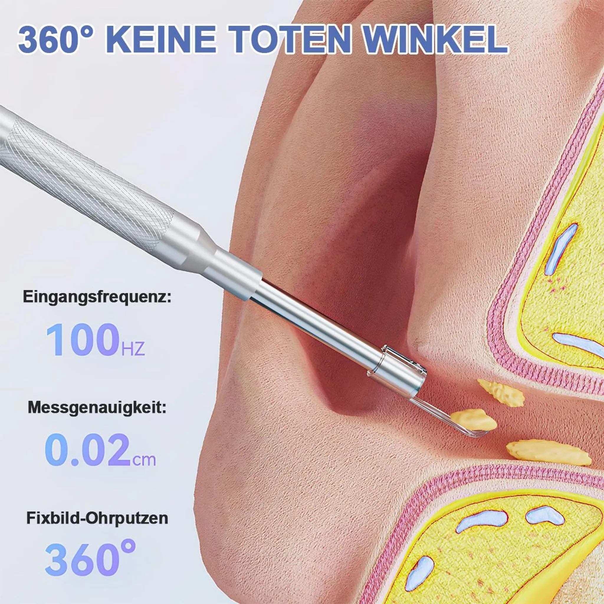 Ein Ohrreinigungsgerät entfernt Ohrenschmalz aus einem stilisierten Ohr.