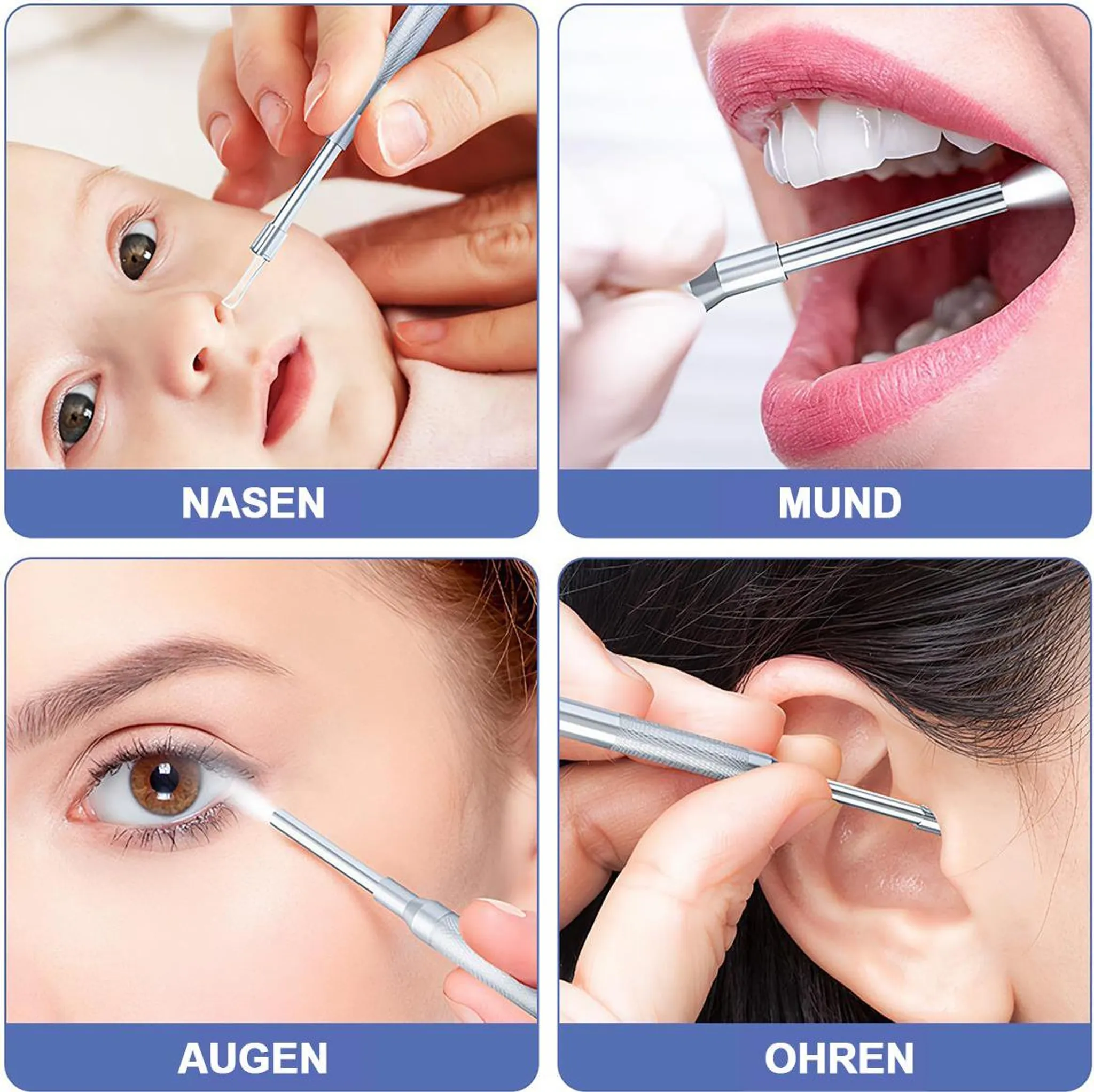 Vier Tafeln zeigen Werkzeuge für Baby-Nase, Mund, Auge und Ohr.