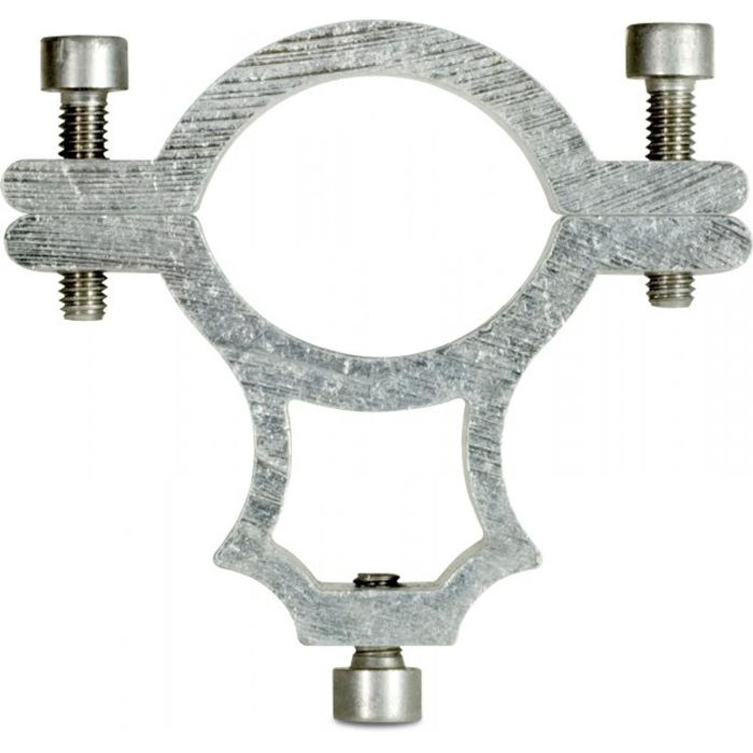 Un morsetto metallico argentato con quattro viti e un'apertura circolare.
