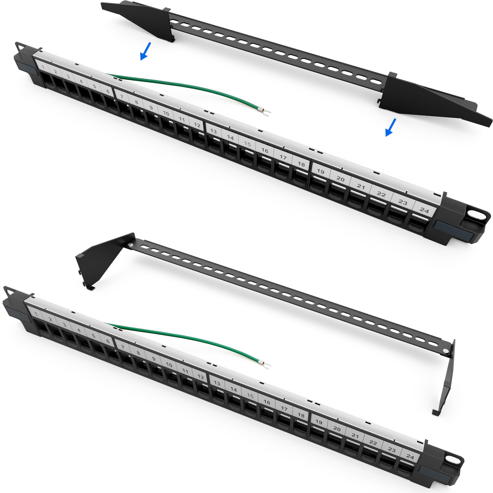 Ein 24-Port-Patchpanel mit schwarzem Rahmen und silberner Beschriftung.