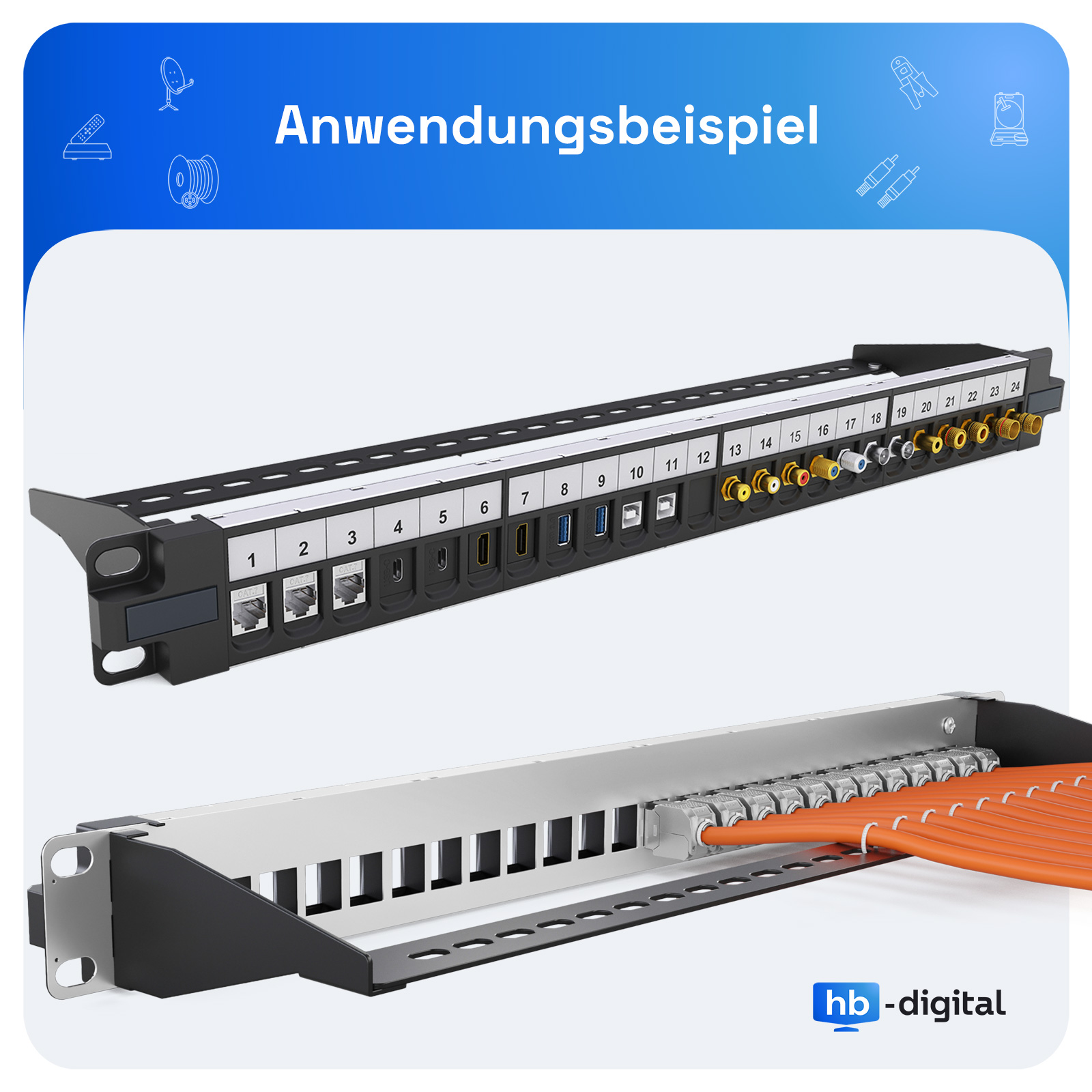 Ein Patchpanel mit verschiedenen Anschlüssen und orangefarbenen Kabeln.