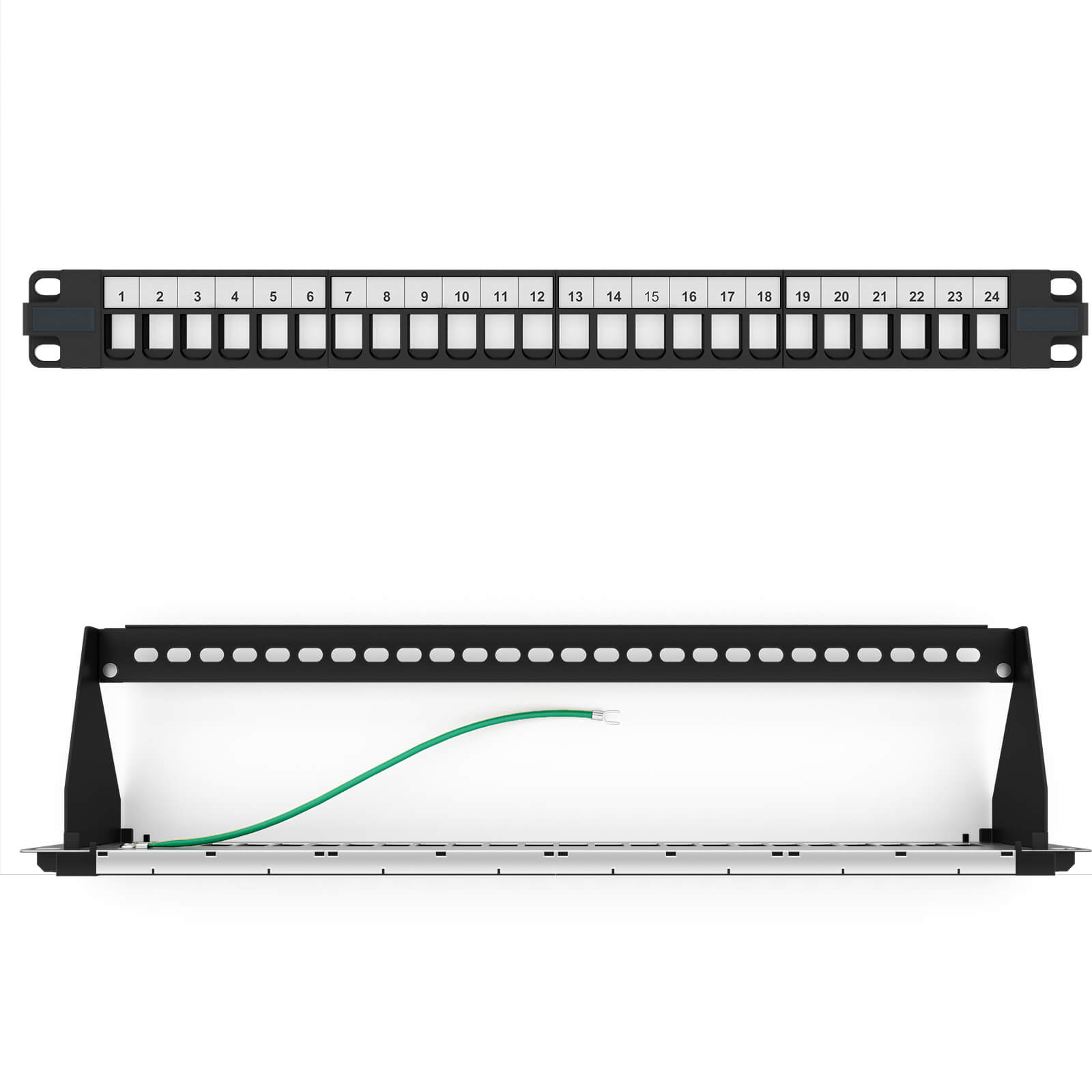 Ein schwarzes Patchpanel mit 24 Ports und eine grüne Erdungsschleife.