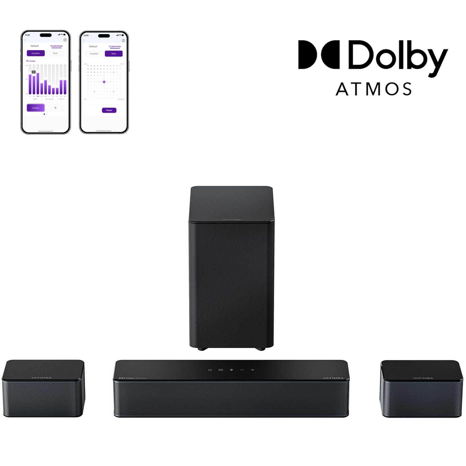 Sistema Dolby Atmos con soundbar, subwoofer e due altoparlanti.