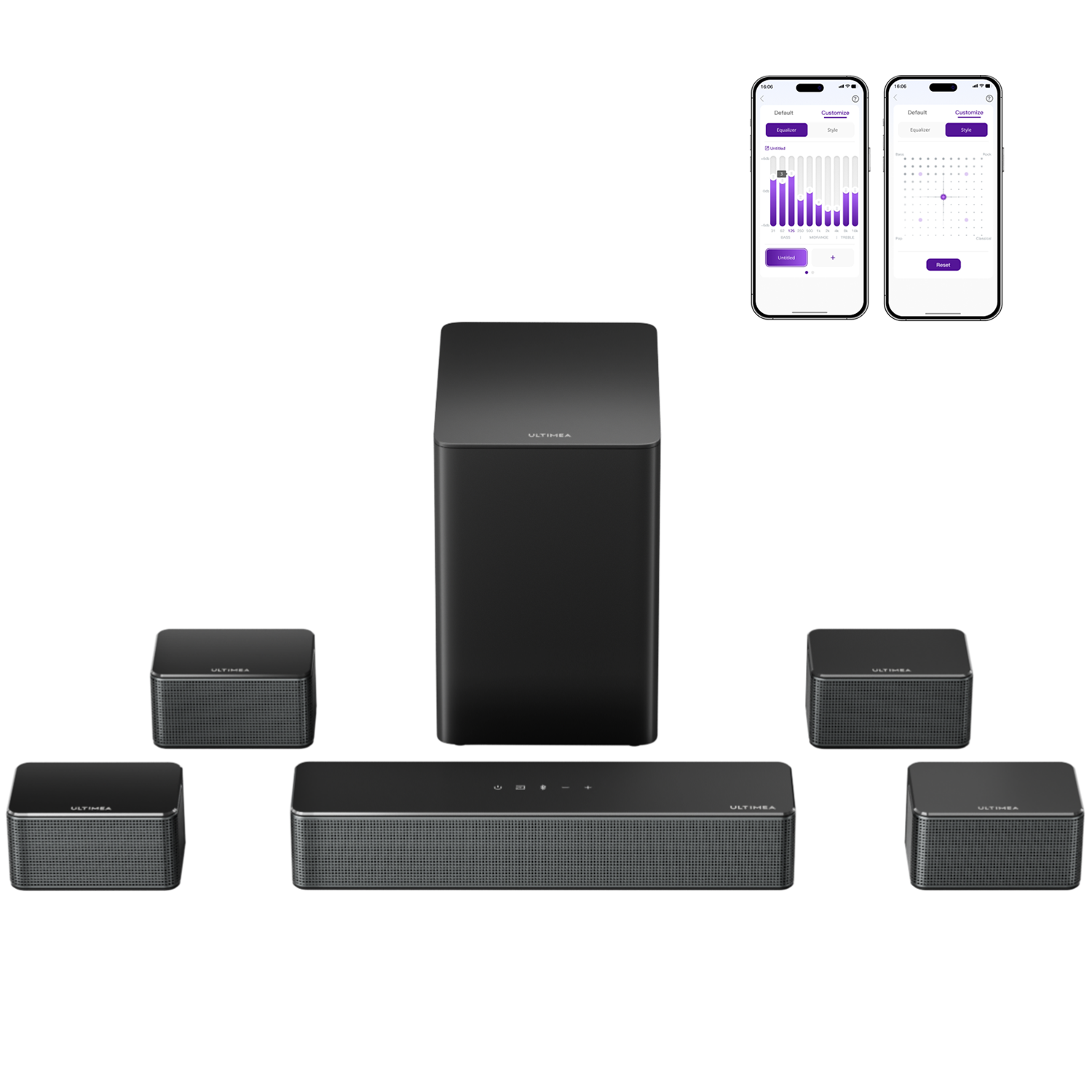 Czarny system audio 5.1 z subwooferem, soundbarem i czterema głośnikami satelitarnymi.