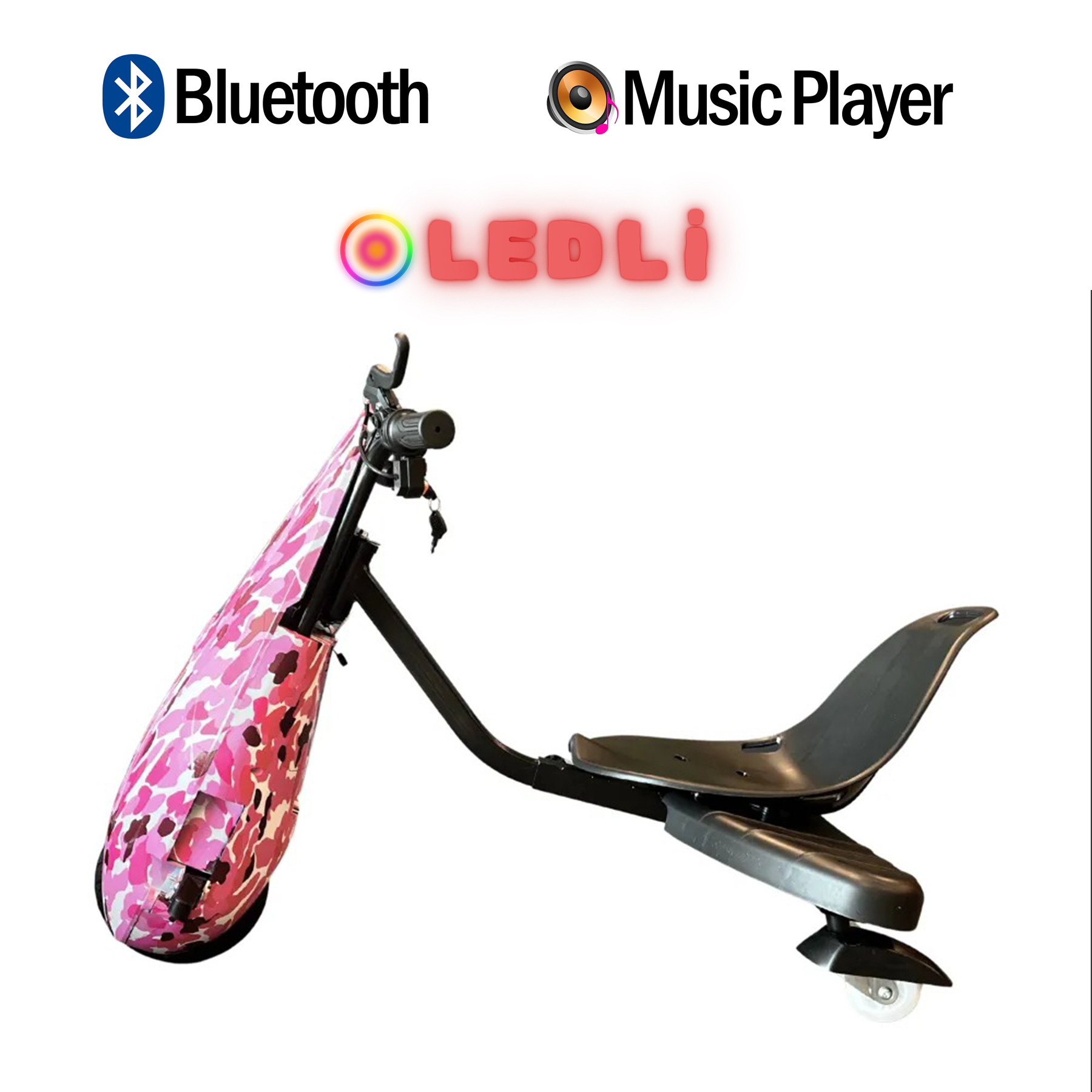 Siyah kadro ve oturma yerine sahip pembe drift scooter. "LEDLI" parlıyor.