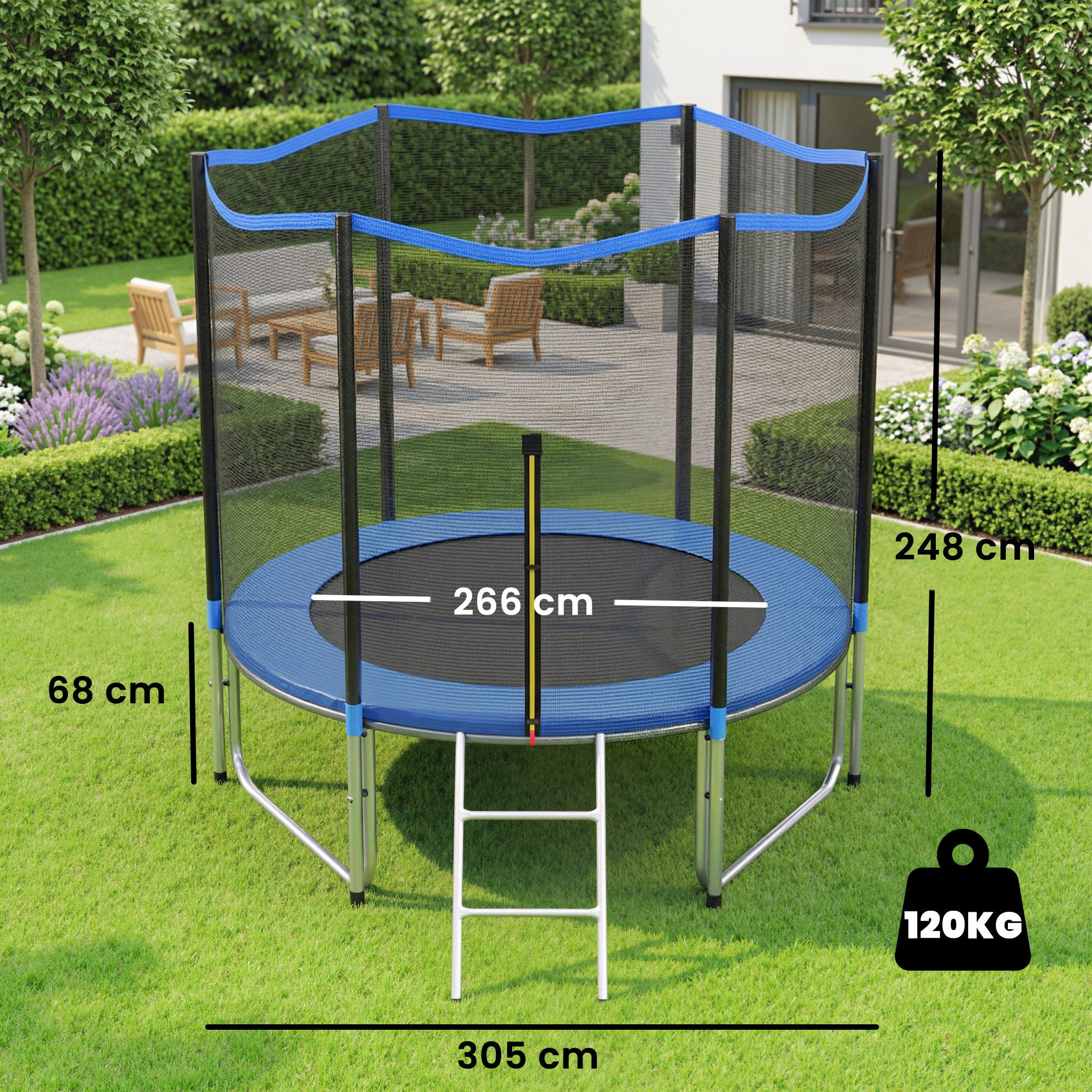 Trampolín con red de seguridad y escalera en un jardín. Dimensiones: 266cm diámetro, 248cm alto, 305cm largo, 68cm ancho.