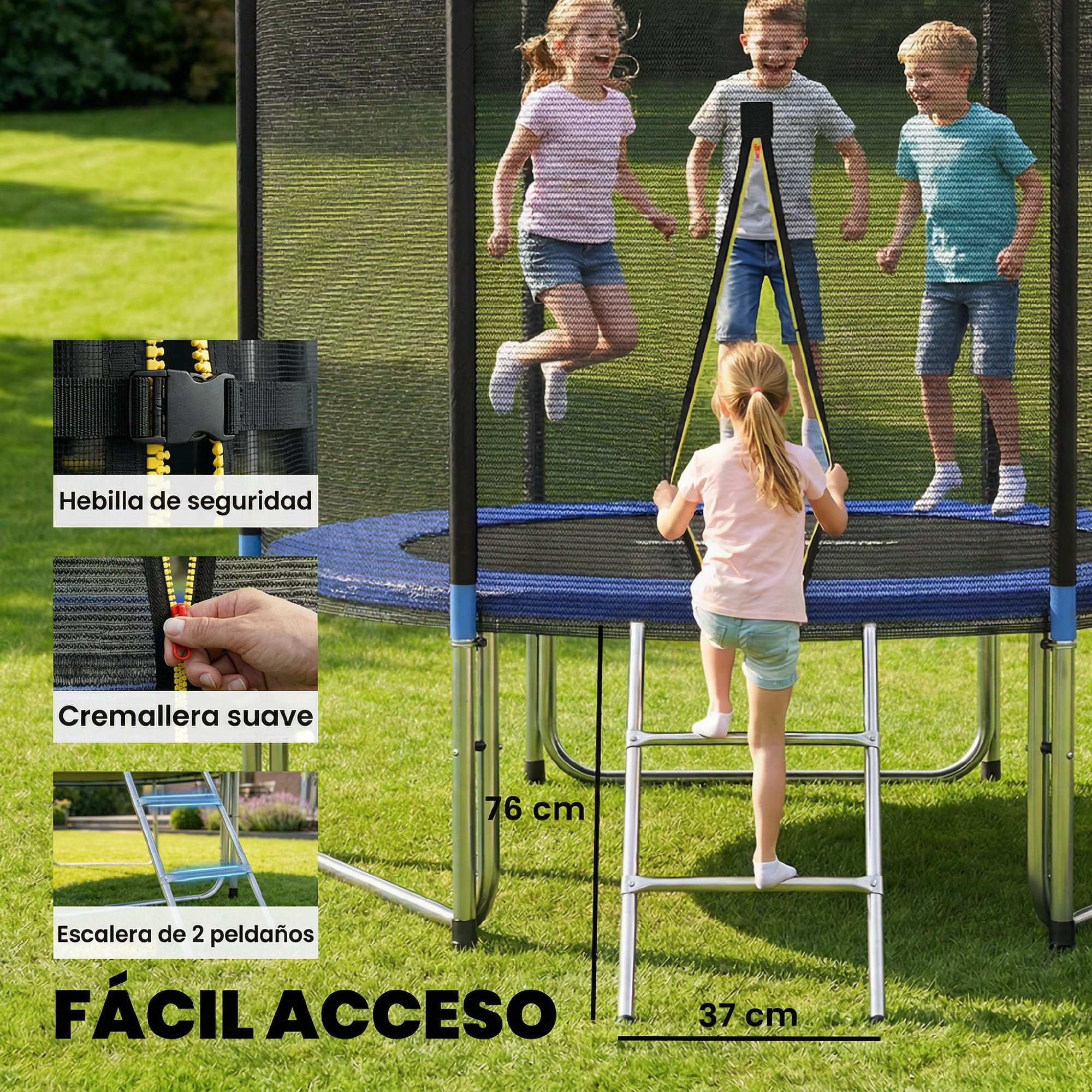 Niños saltan en un trampolín, con primer plano de cremallera y escalera.