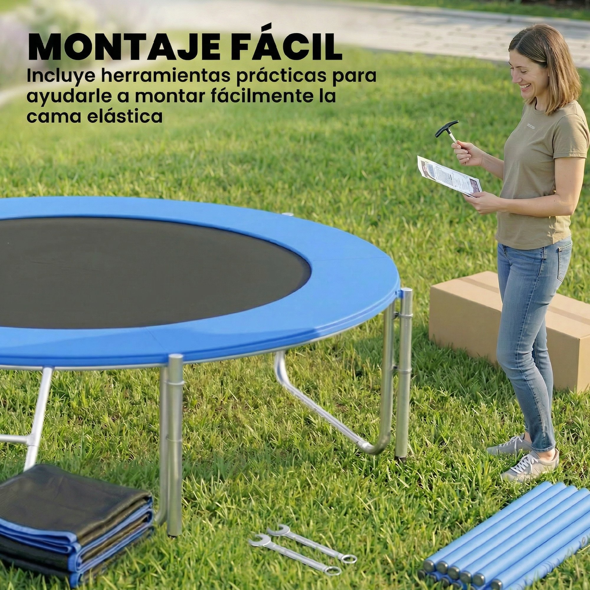 Una mujer lee instrucciones cerca de un trampolín con herramientas y piezas.