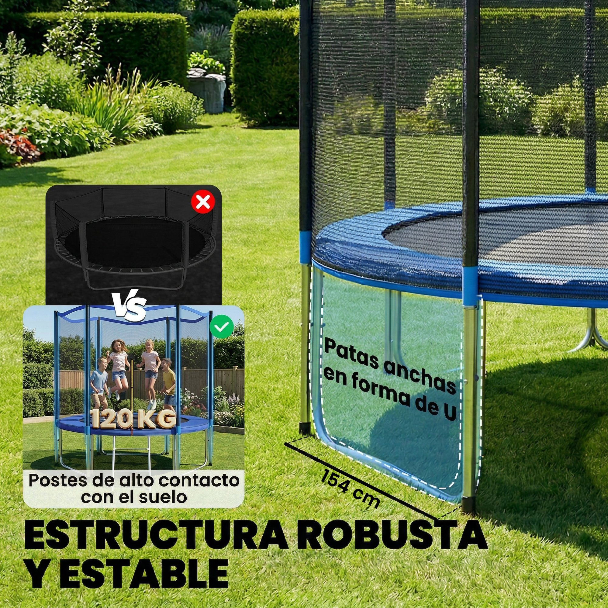 Un trampolín azul con red de seguridad sobre césped verde, destacando sus patas anchas en forma de U y estructura robusta.