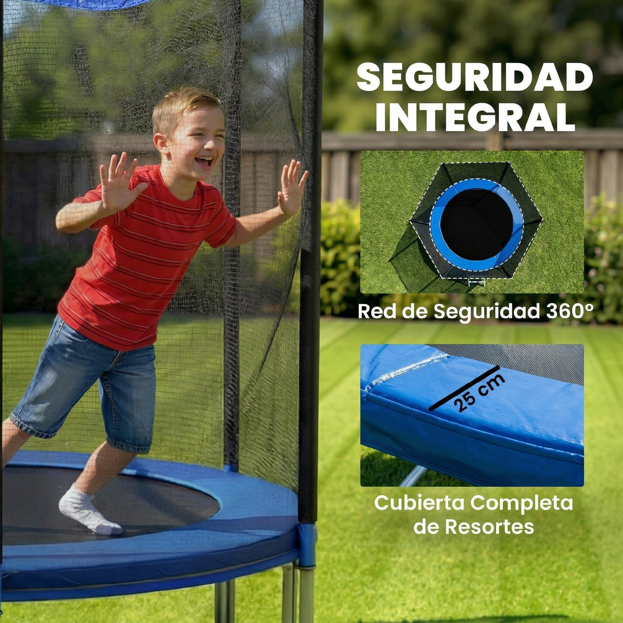 Un niño salta en un trampolín, rodeado por una red de seguridad en el jardín.
