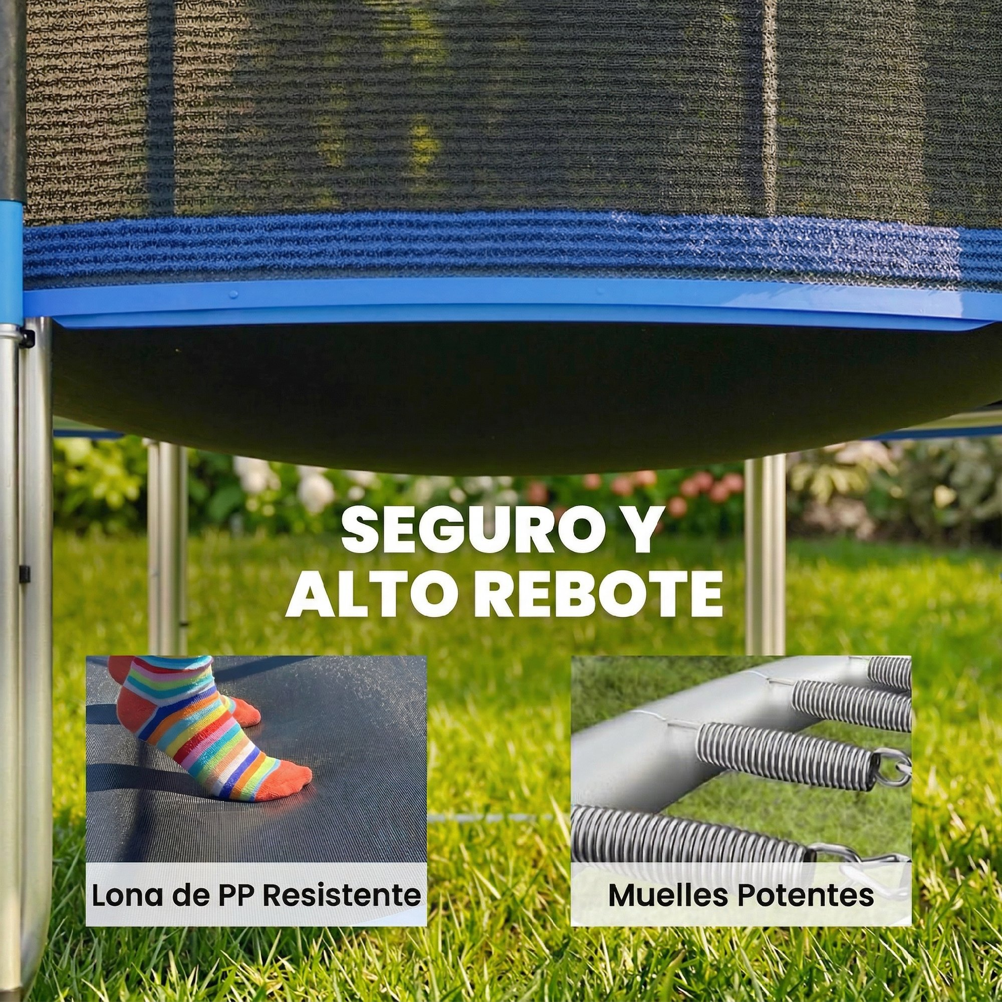 Parte inferior del trampolín con resortes, calcetín a rayas y césped.