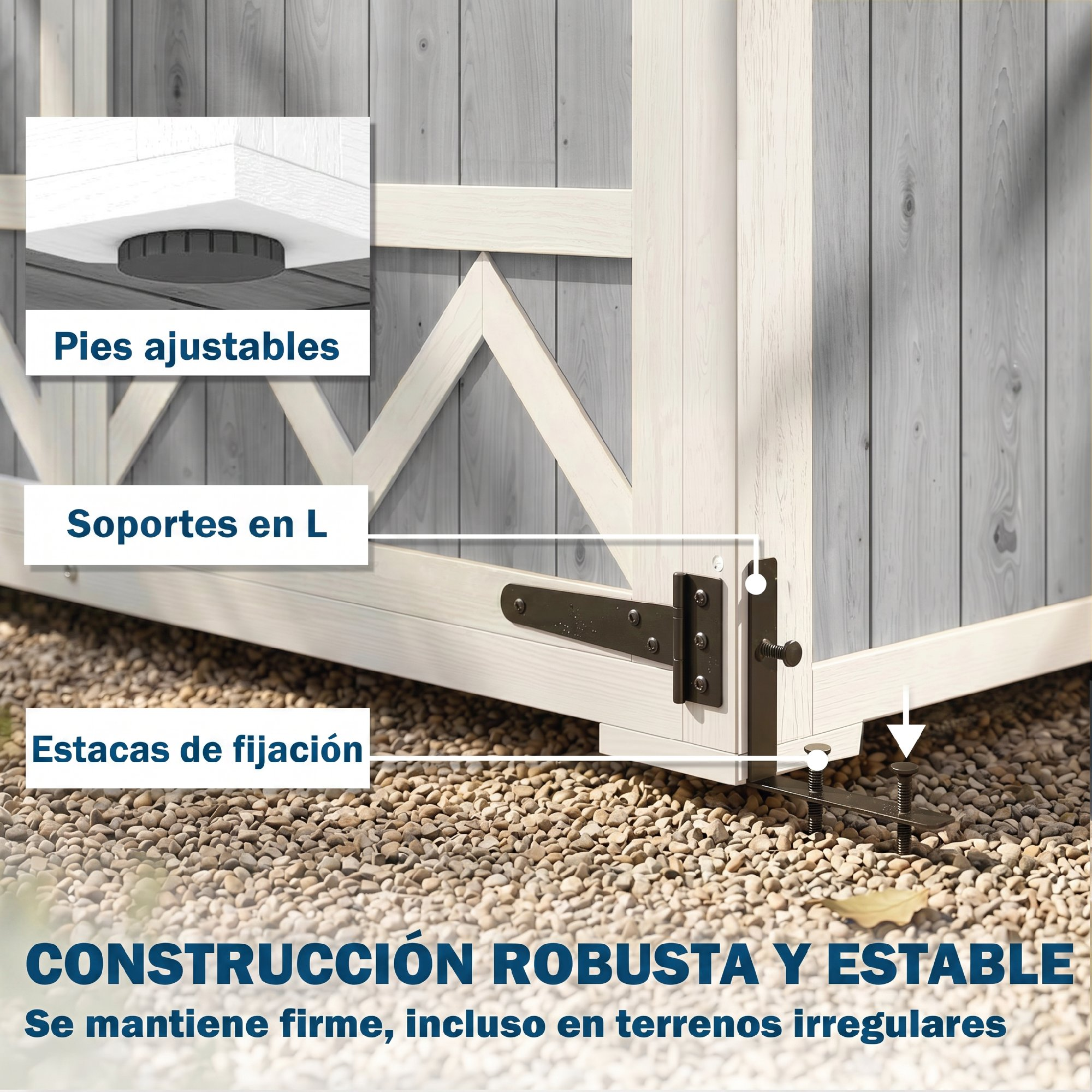 Pies ajustables, soportes en L y estacas para una construcción robusta en terrenos irregulares.