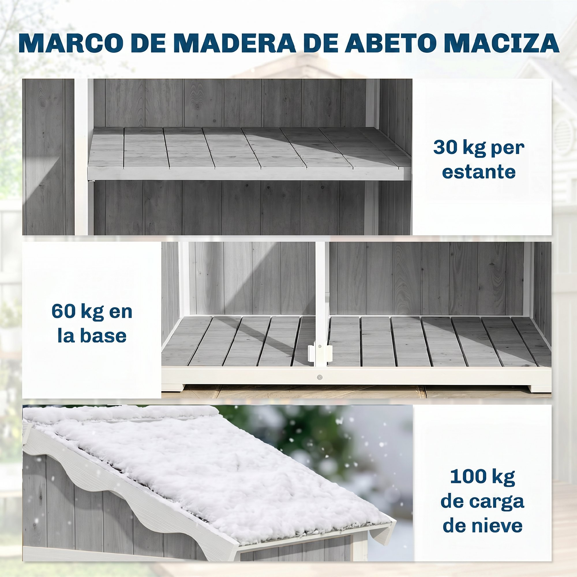 Marco de madera de abeto maciza con especificaciones de carga: 30kg estante, 60kg base, 100kg nieve.