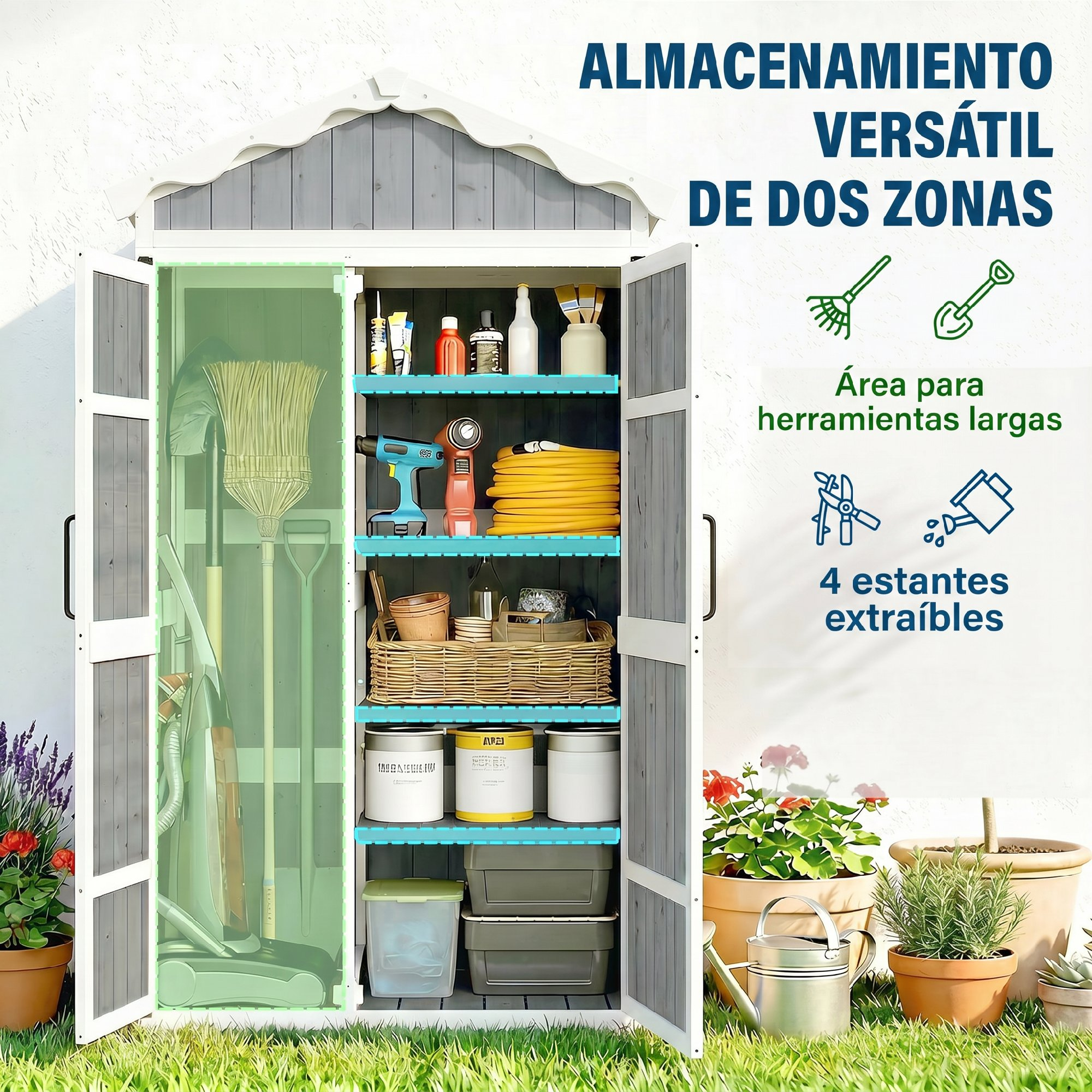 Un cobertizo abierto con herramientas de jardín, equipos y contenedores.