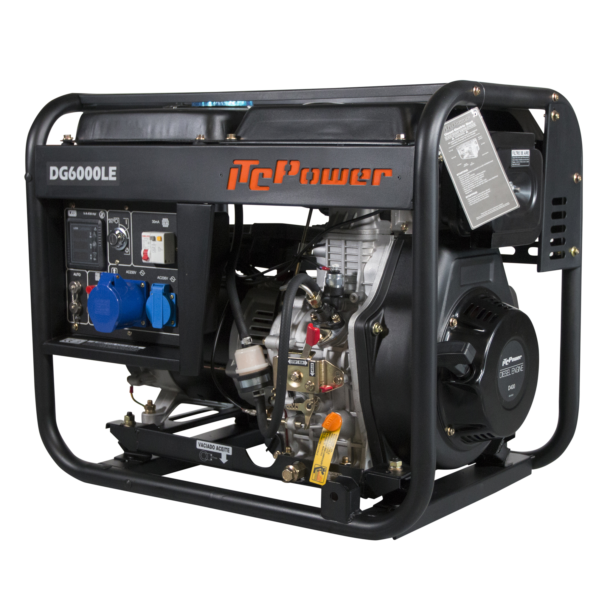 Un generador negro DG6000LE con logo naranja y enchufes eléctricos.