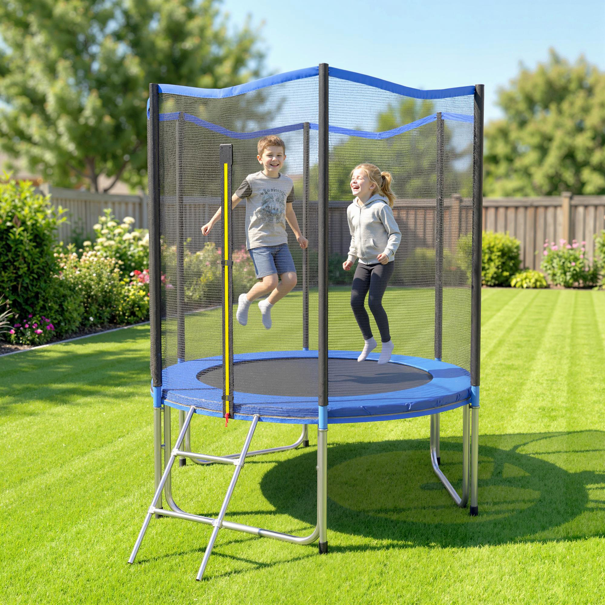 Dos niños, un niño y una niña, saltan alegremente en un trampolín azul y negro en un soleado patio trasero con césped verde.