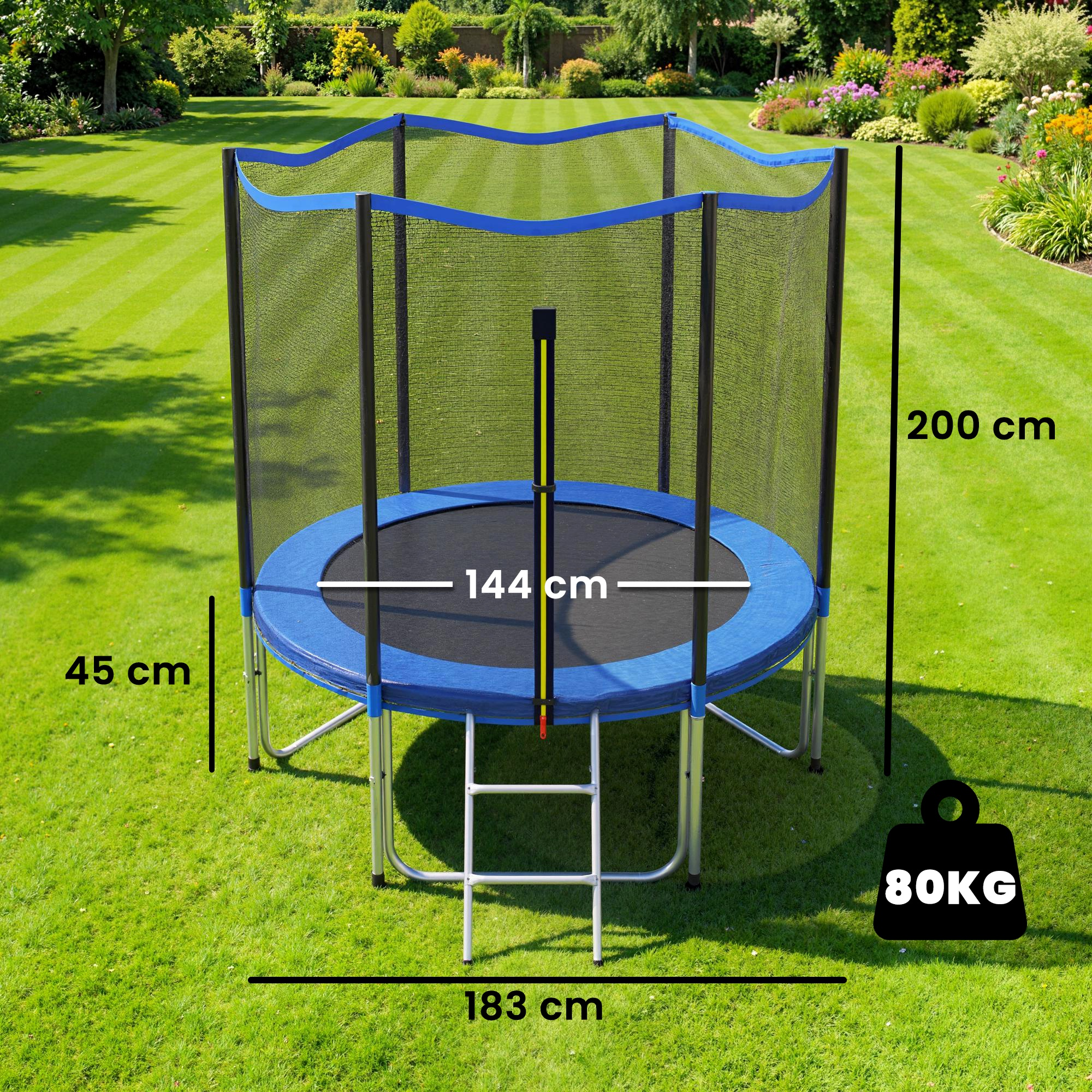 Trampolín azul con red de seguridad y escalera sobre césped verde, medidas.