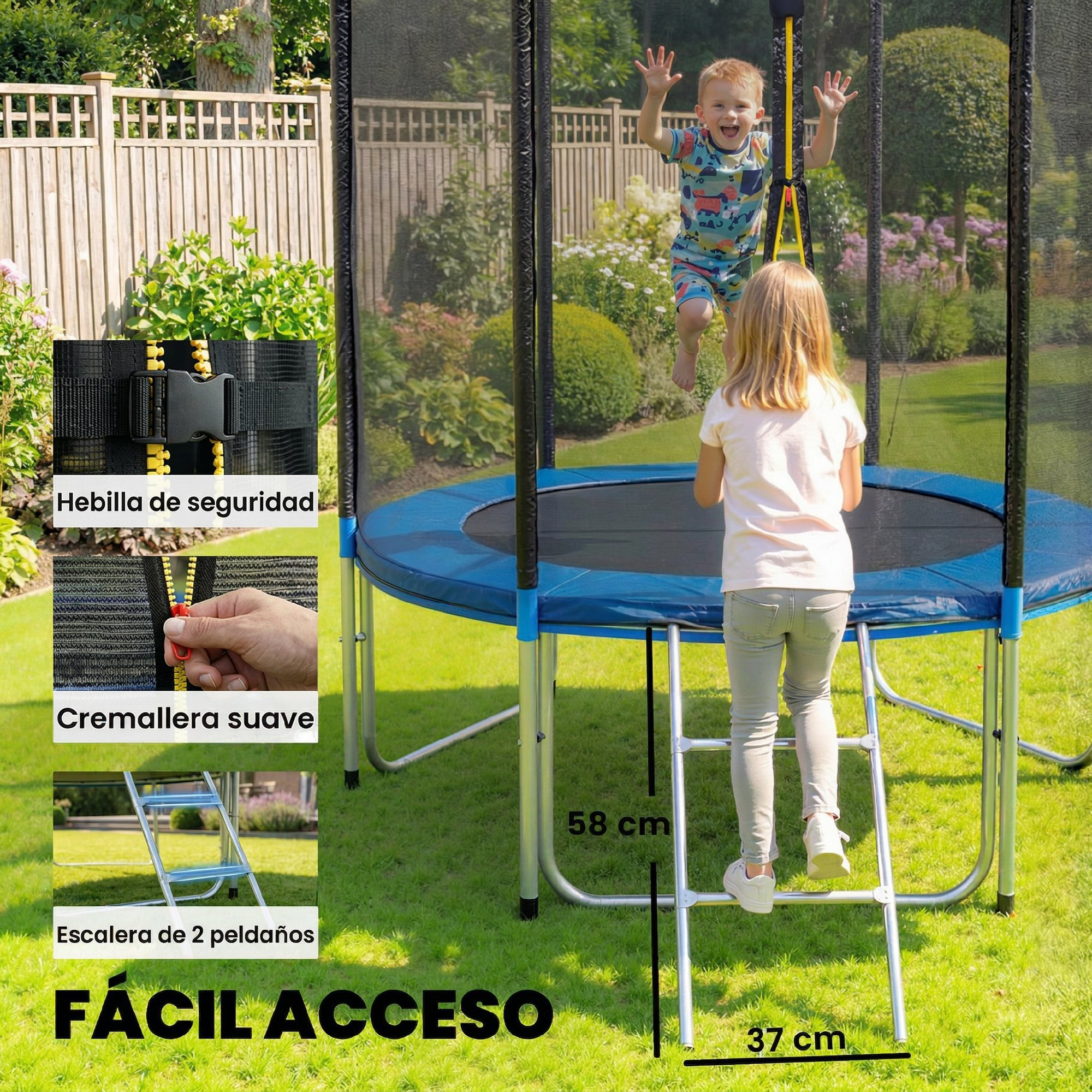 Dos niños saltan en un trampolín en un jardín. Una escalera está cerca.
