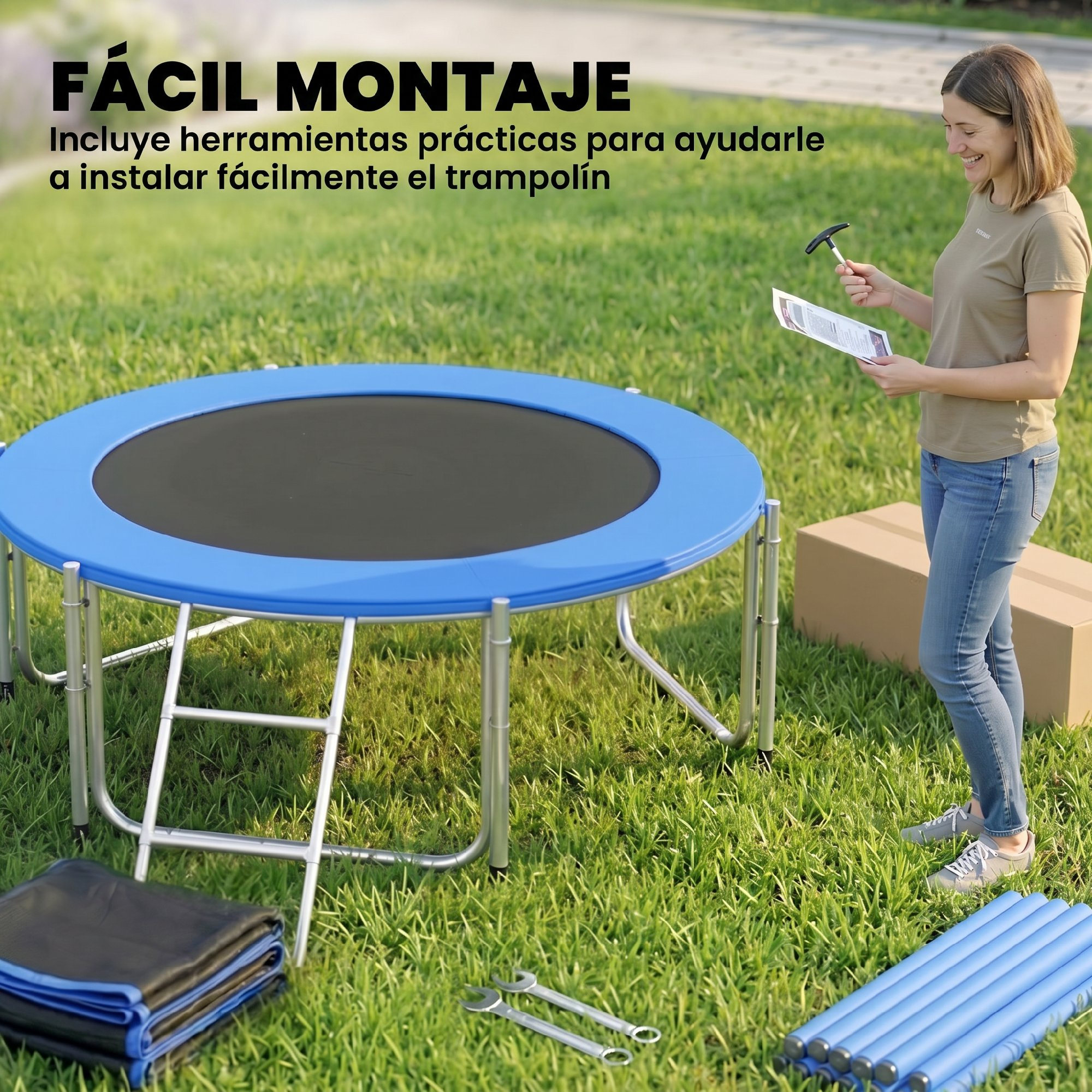 Mujer montando cama elástica azul en césped. Herramientas y caja cerca.