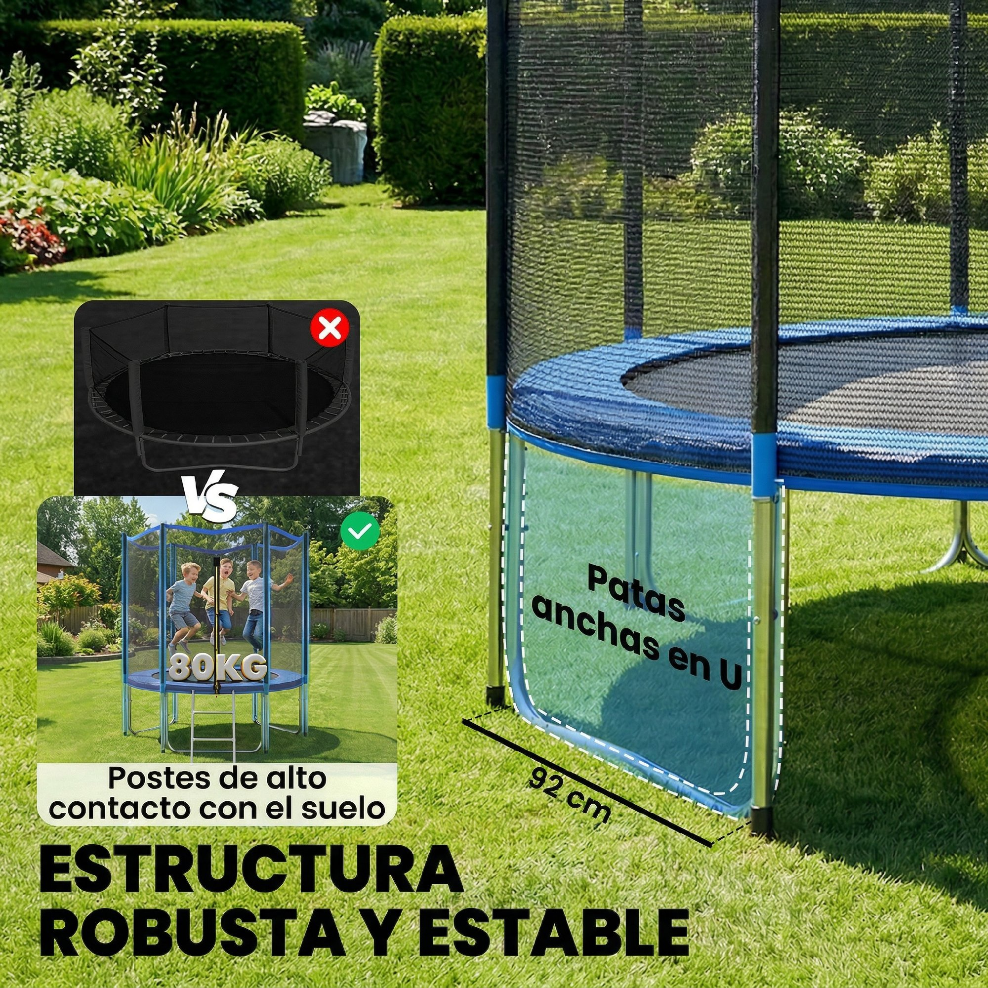 Trampolín con patas anchas en U, capacidad 80kg, estructura robusta.