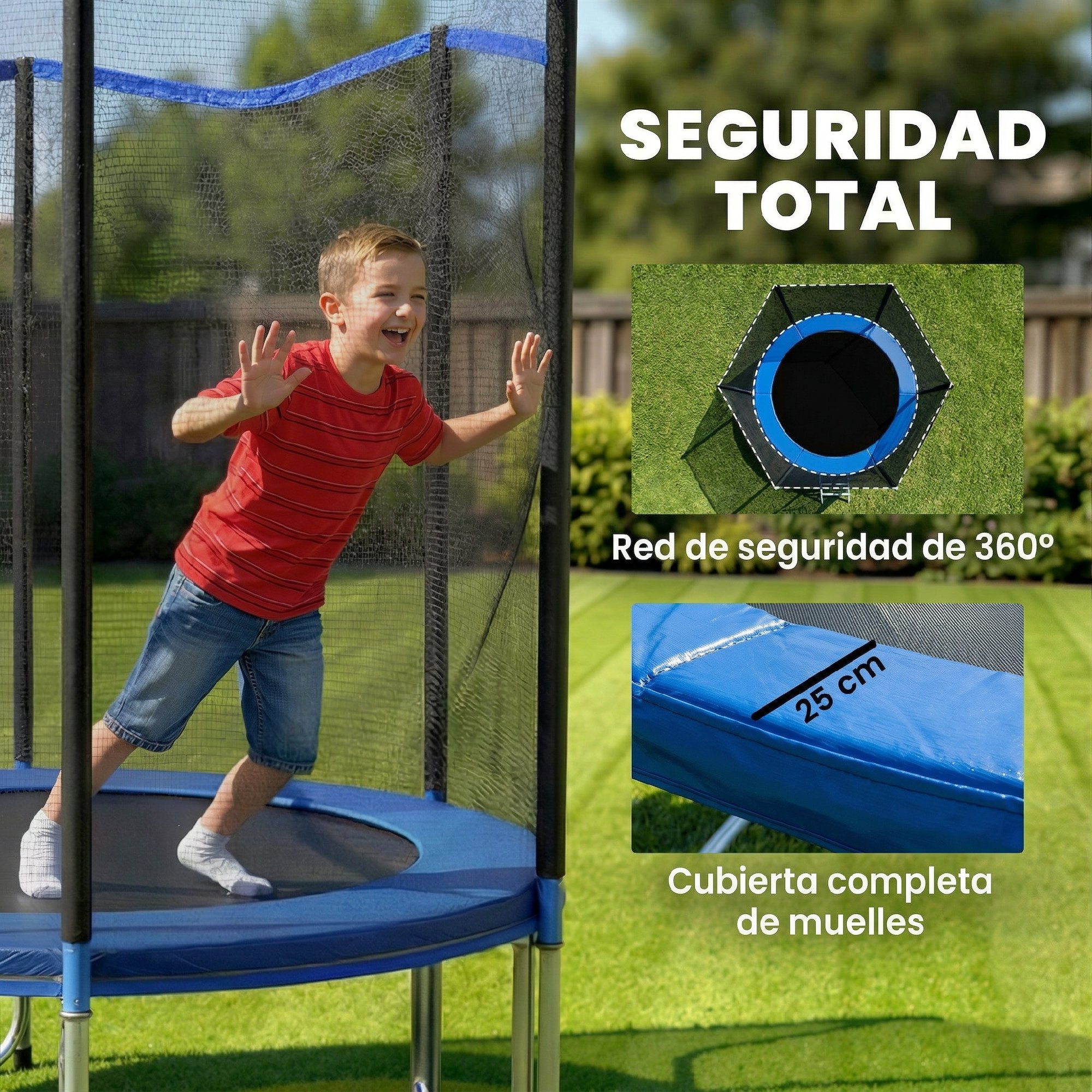 Un niño con camiseta roja y pantalones cortos azules salta alegremente en un trampolín con red de seguridad, rodeado de césped verde.