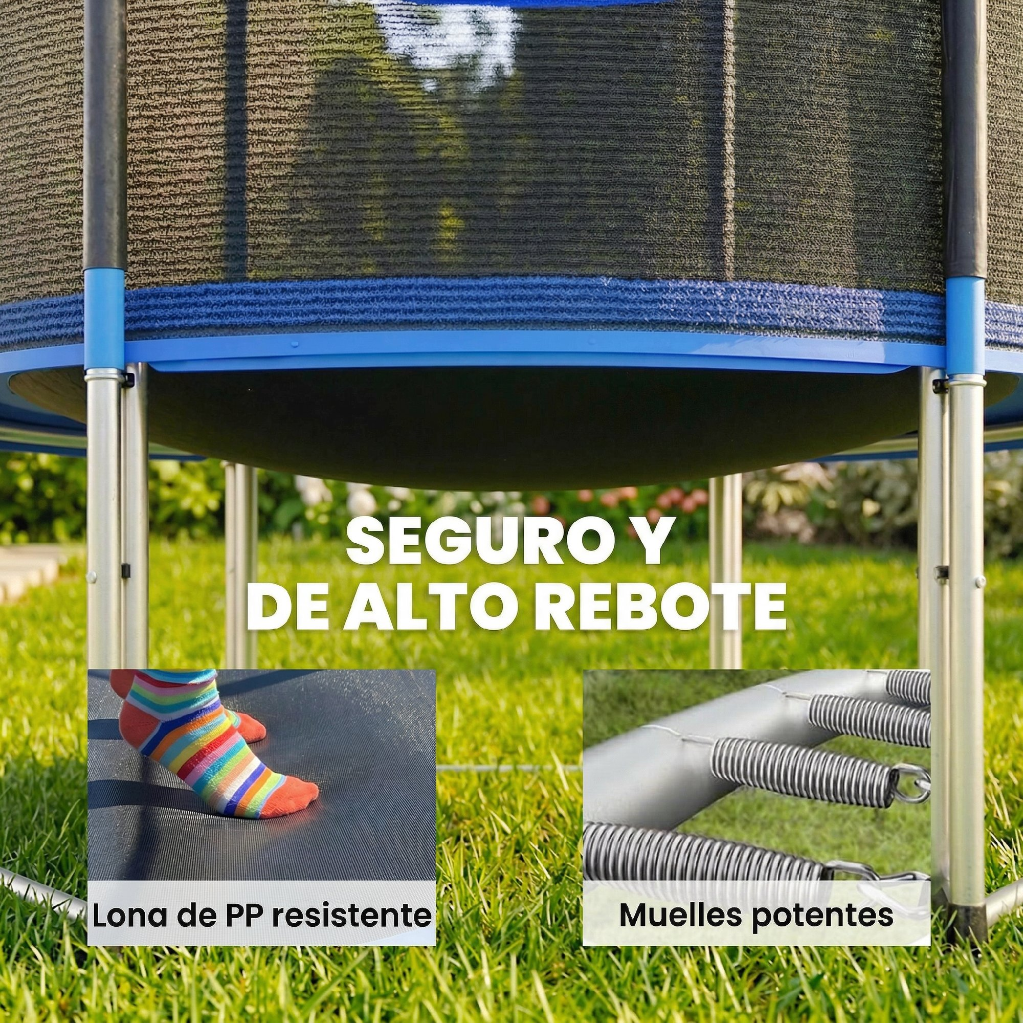 Trampolín con red de seguridad, lona de PP y resortes.