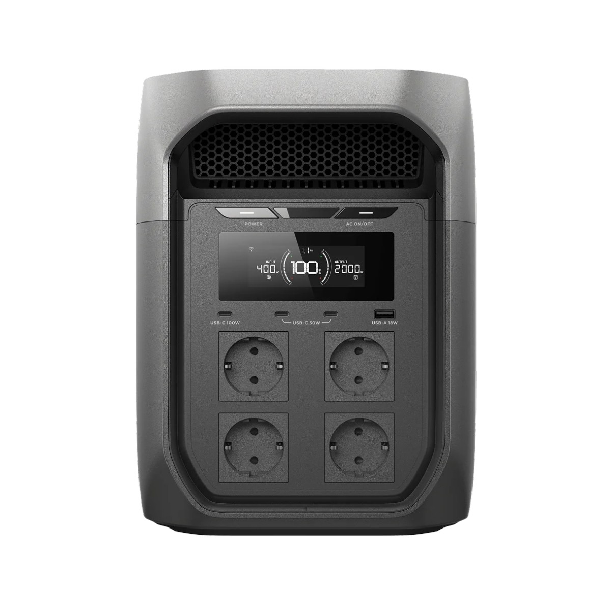 Grauer Stromgenerator mit Display: 400W Eingang, 100% Akku, 2000W Ausgang. Vier Steckdosen.