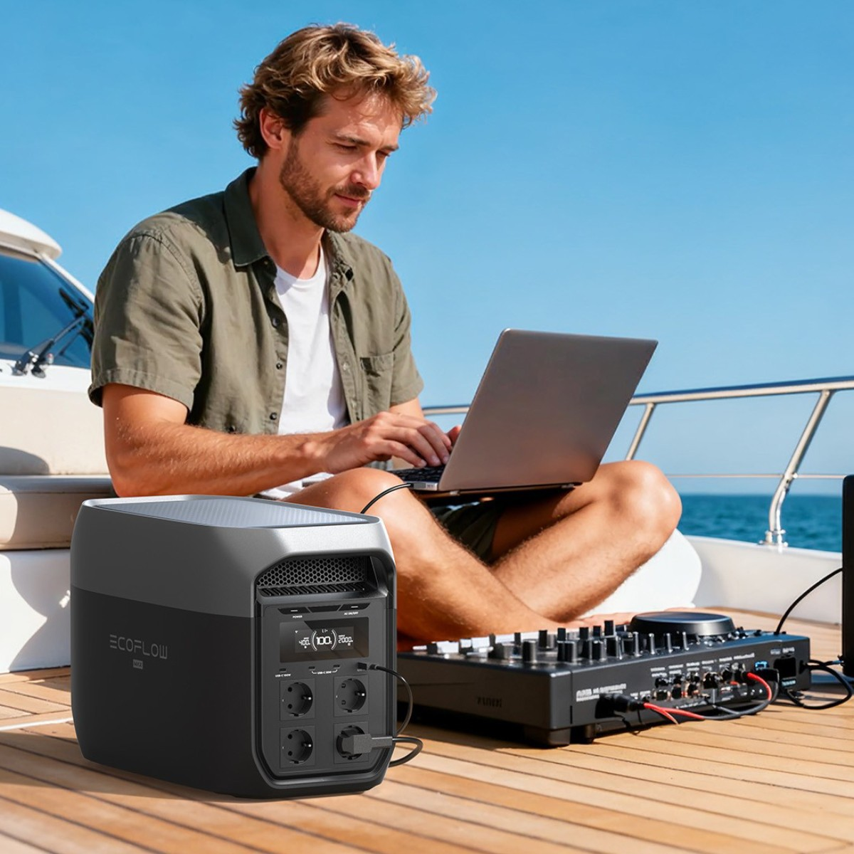 Mann auf einer Yacht arbeitet am Laptop neben einem Generator und DJ-Mischpult.