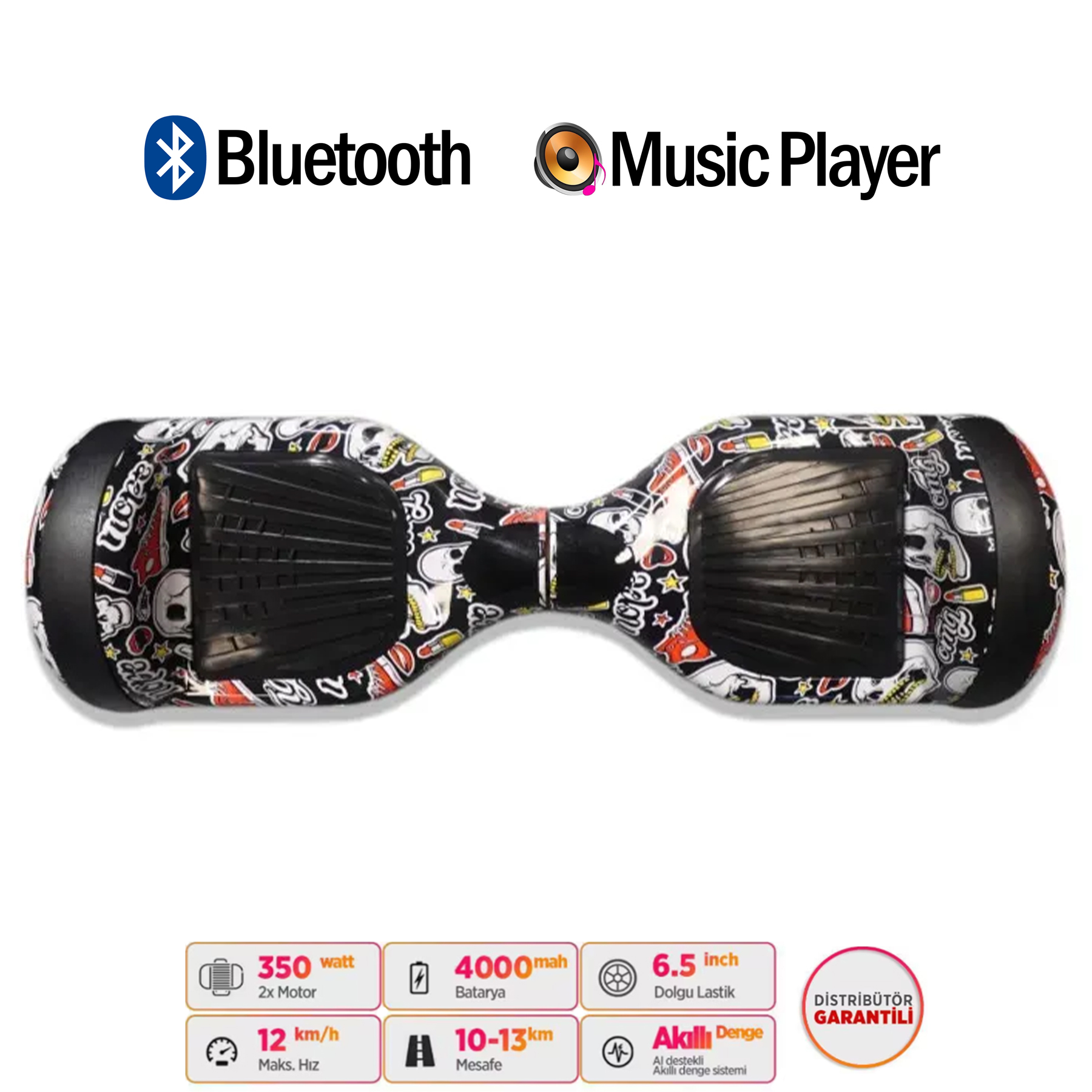 Kurukafa desenli hoverboard, Bluetooth, 350W, 4000mAh, 6.5 inç.