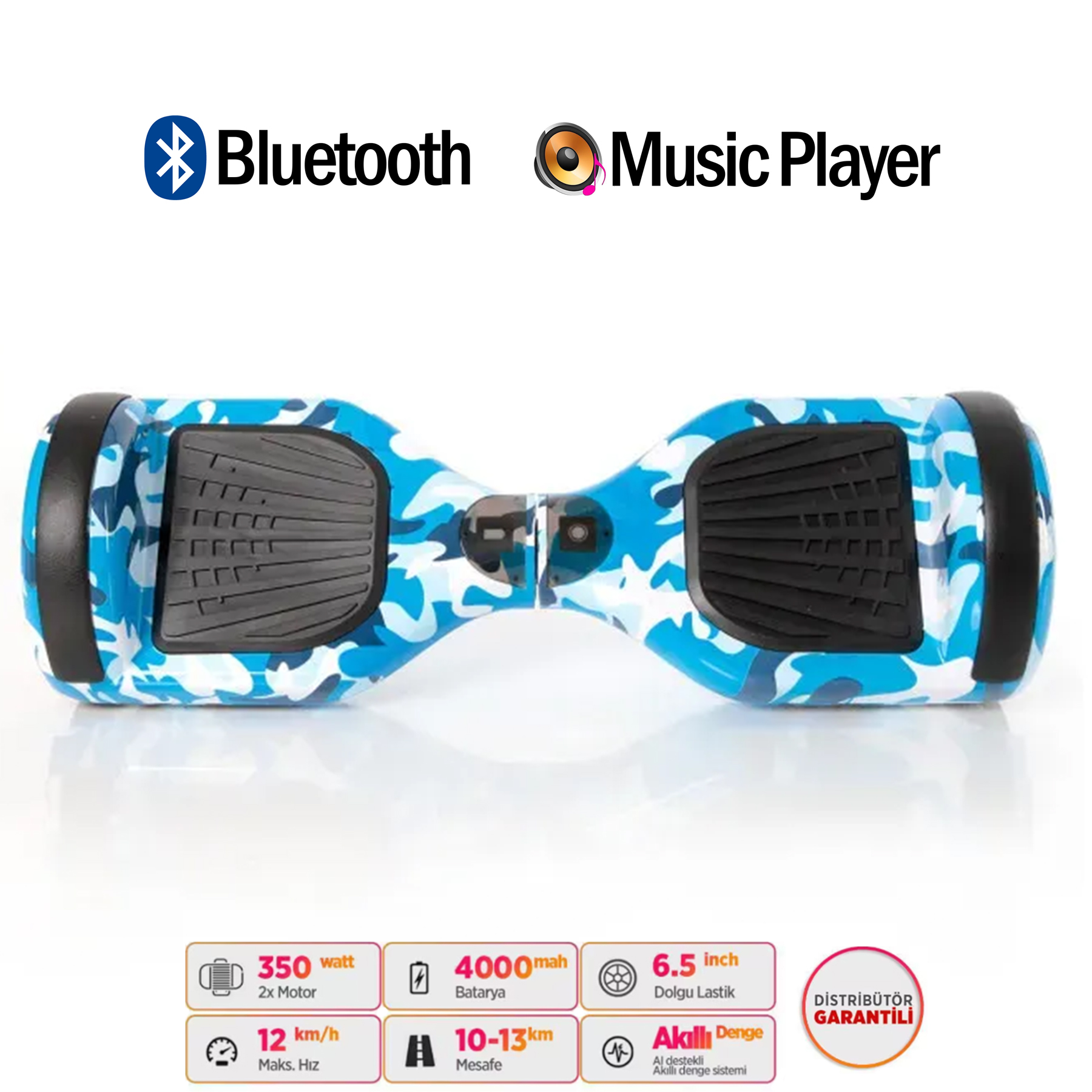Bluetooth ve müzik çalarlı mavi beyaz kamuflaj desenli hoverboard.