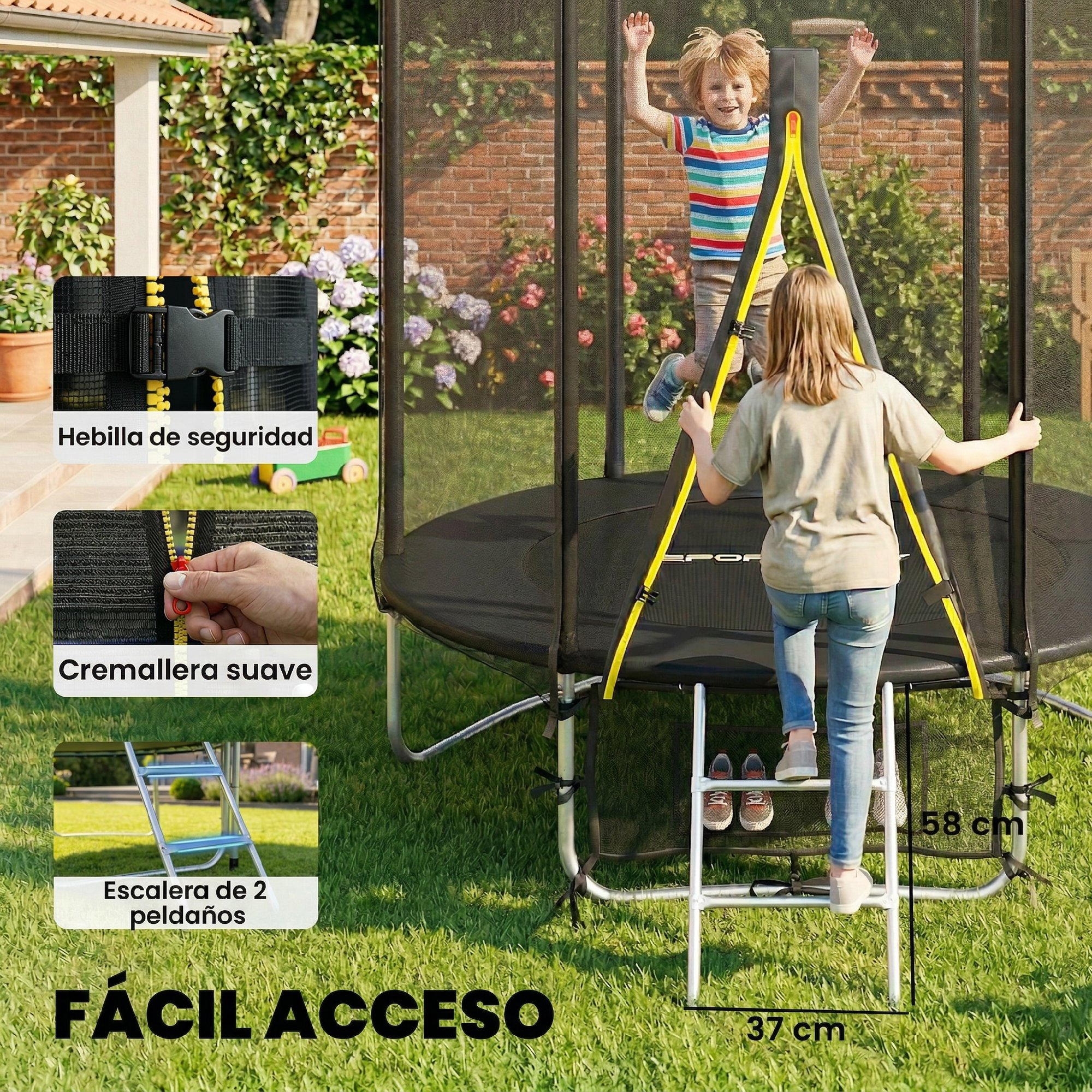 Niños en trampolín con escalera y características de seguridad.