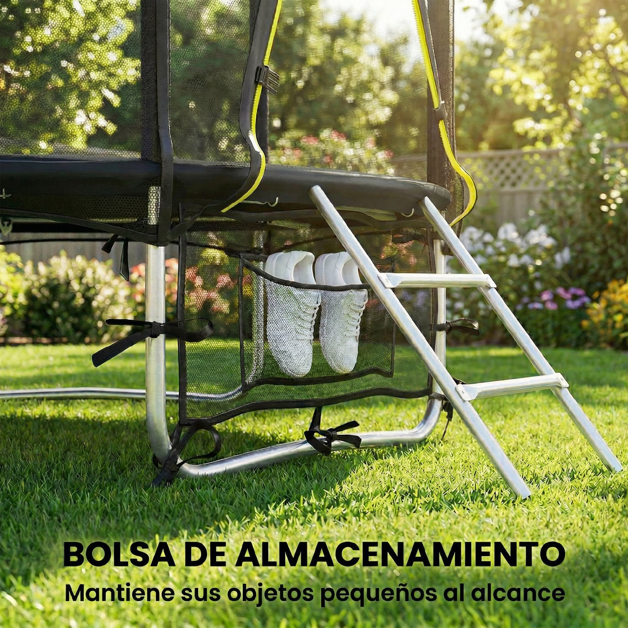 Una bolsa de malla debajo de una cama elástica sostiene zapatillas blancas.
