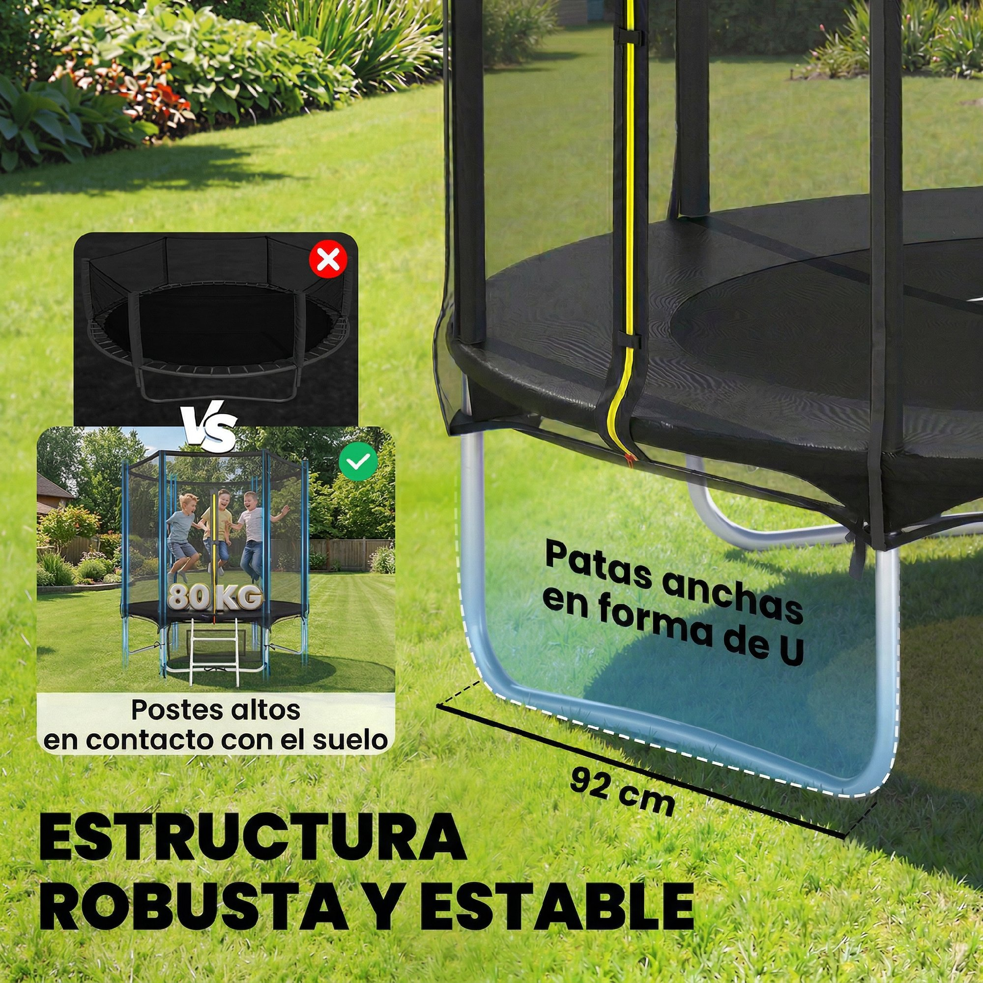 Trampolín con red de seguridad, patas en U, 80 kg máx. y estructura estable.