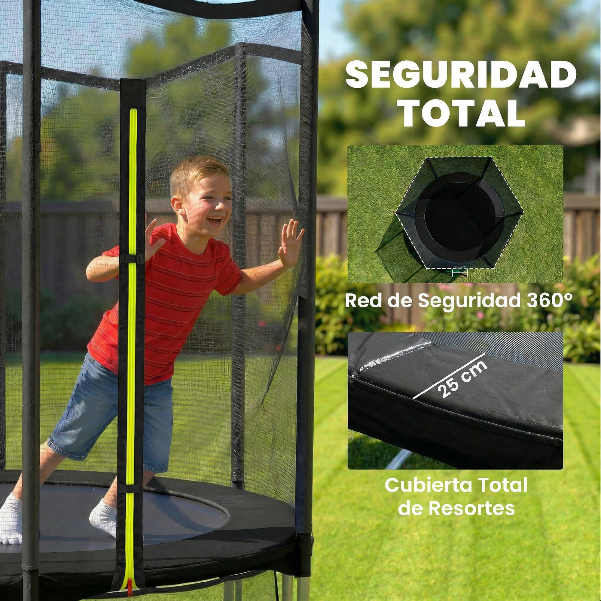 Un niño en un trampolín con red de seguridad. Primer plano del acolchado.