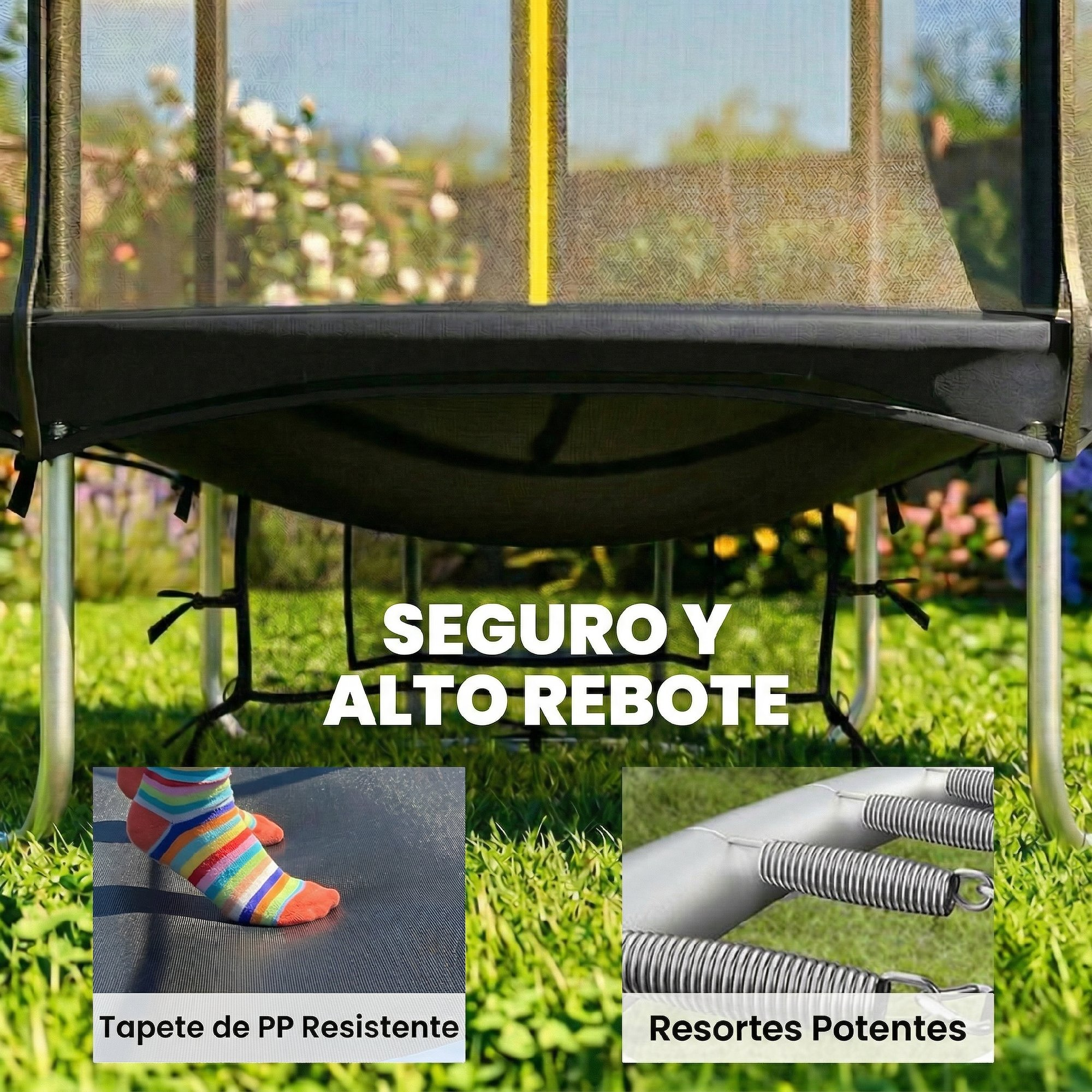 Parte inferior del trampolín con resortes, alfombra y césped. Texto: Seguro y Alto Rebote.
