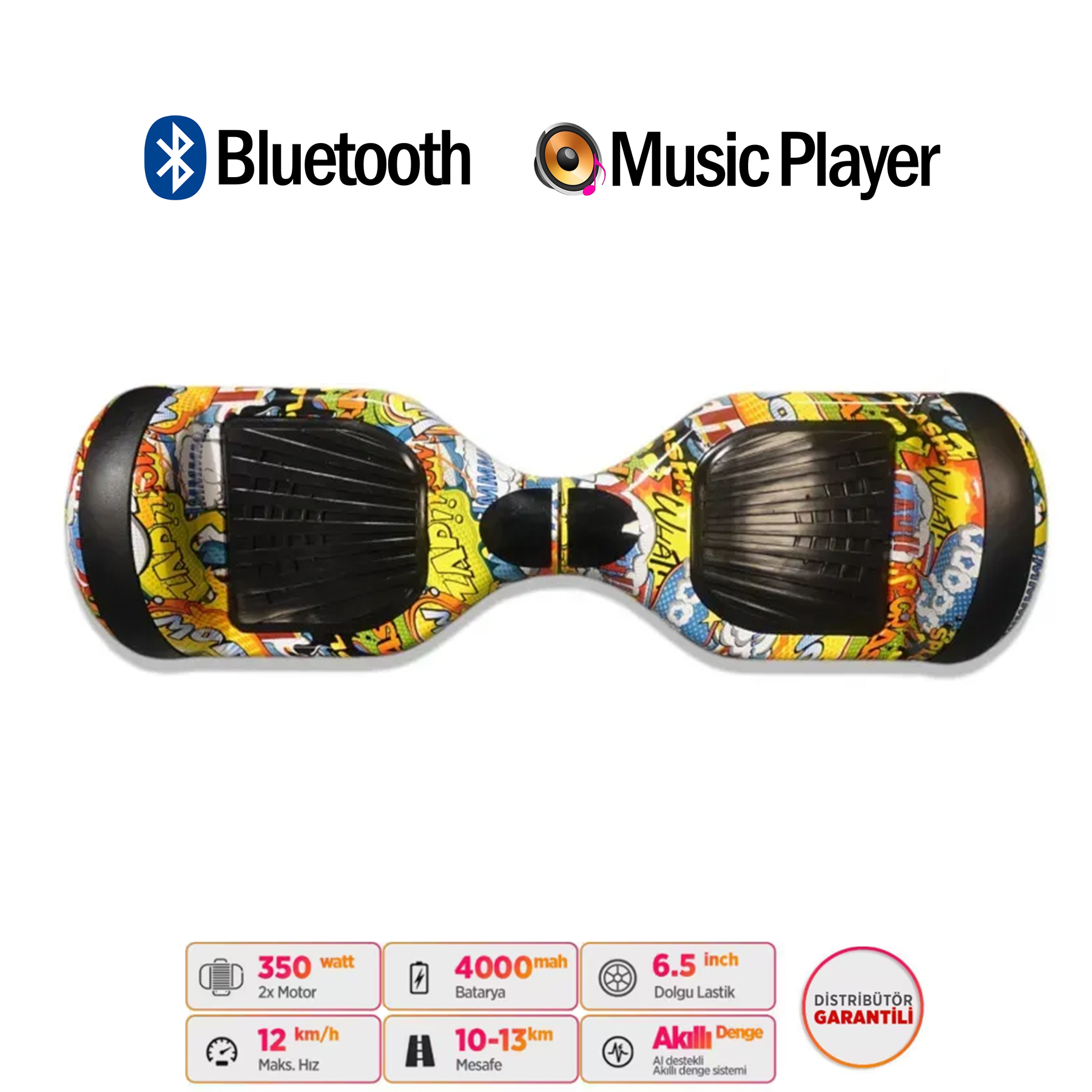 Renkli, çizgi roman baskılı hoverboard, Bluetooth ve müzik çalar özellikli.