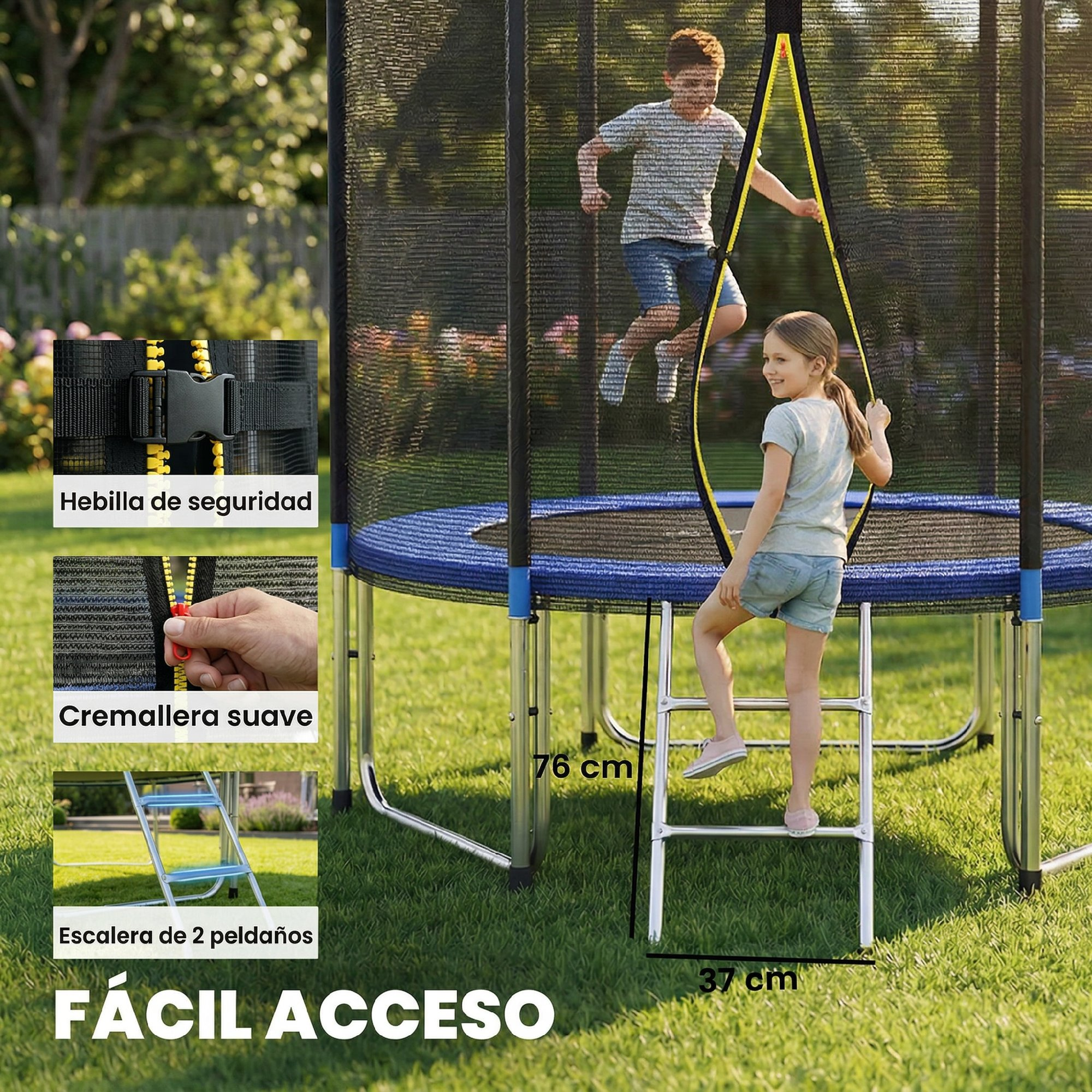 Niños en un trampolín con escalera y características de seguridad en un jardín.